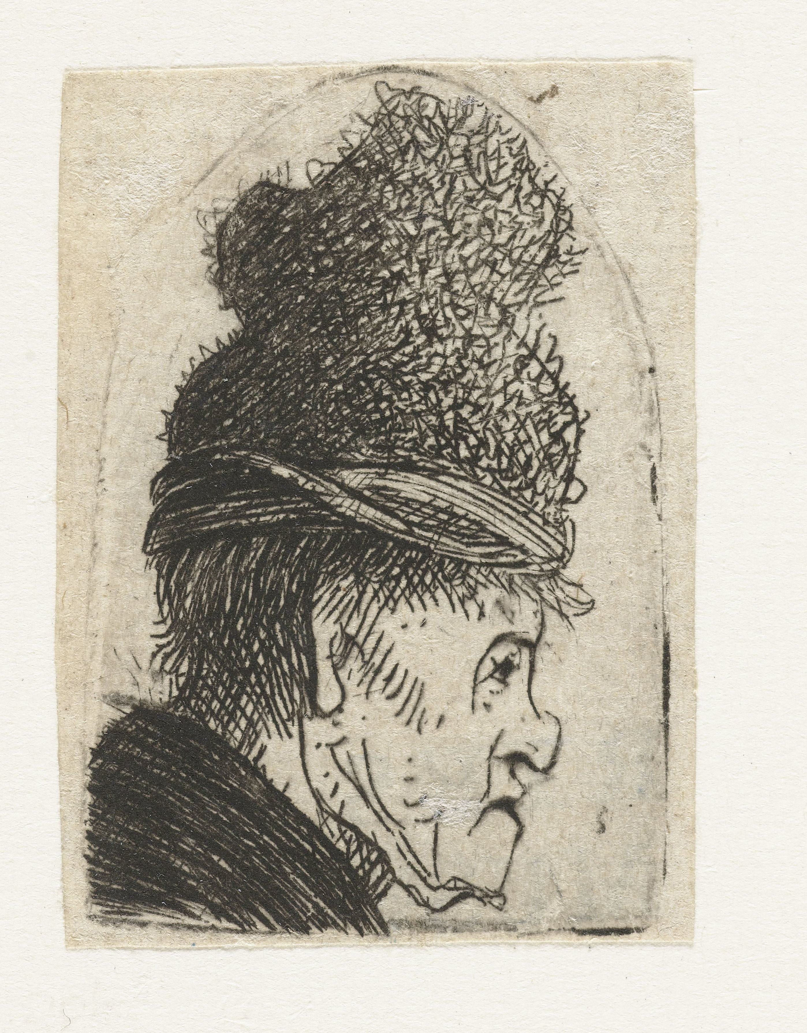 Grotesque profile: man in a high cap