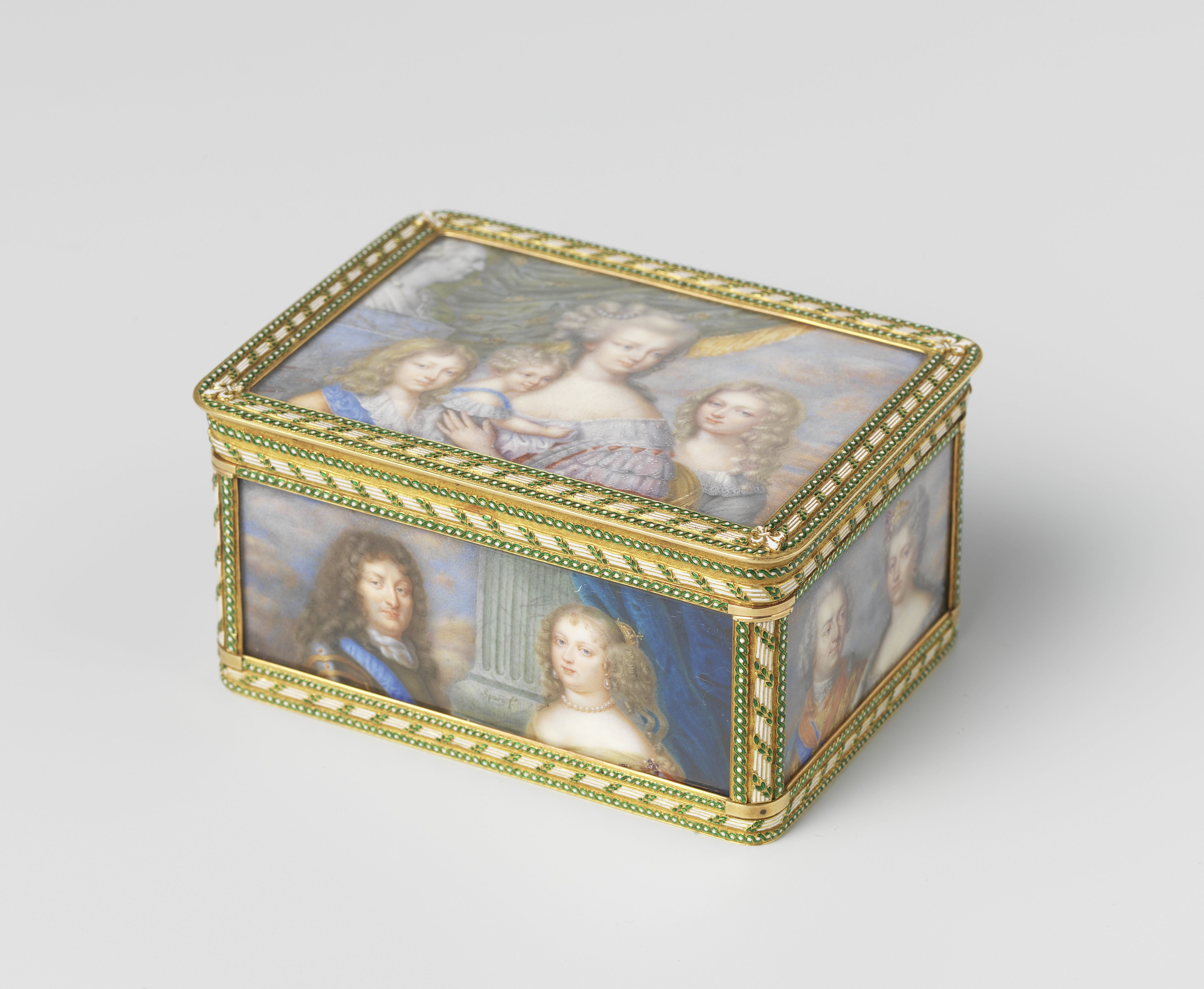 Snuifdoos van goud, beschilderd met miniatuurportretten van de Bourbons