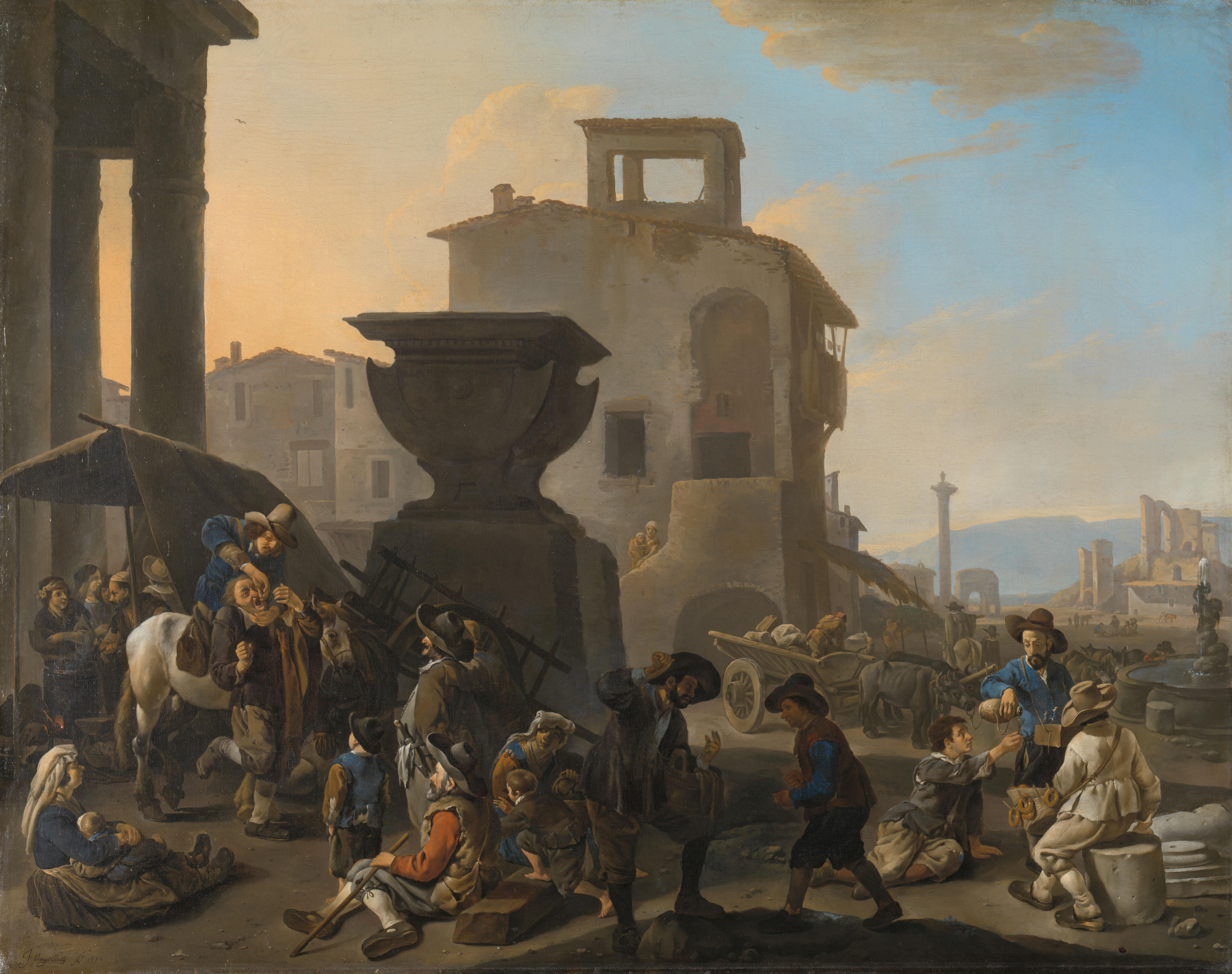 Italiaans marktplein met kiezentrekker