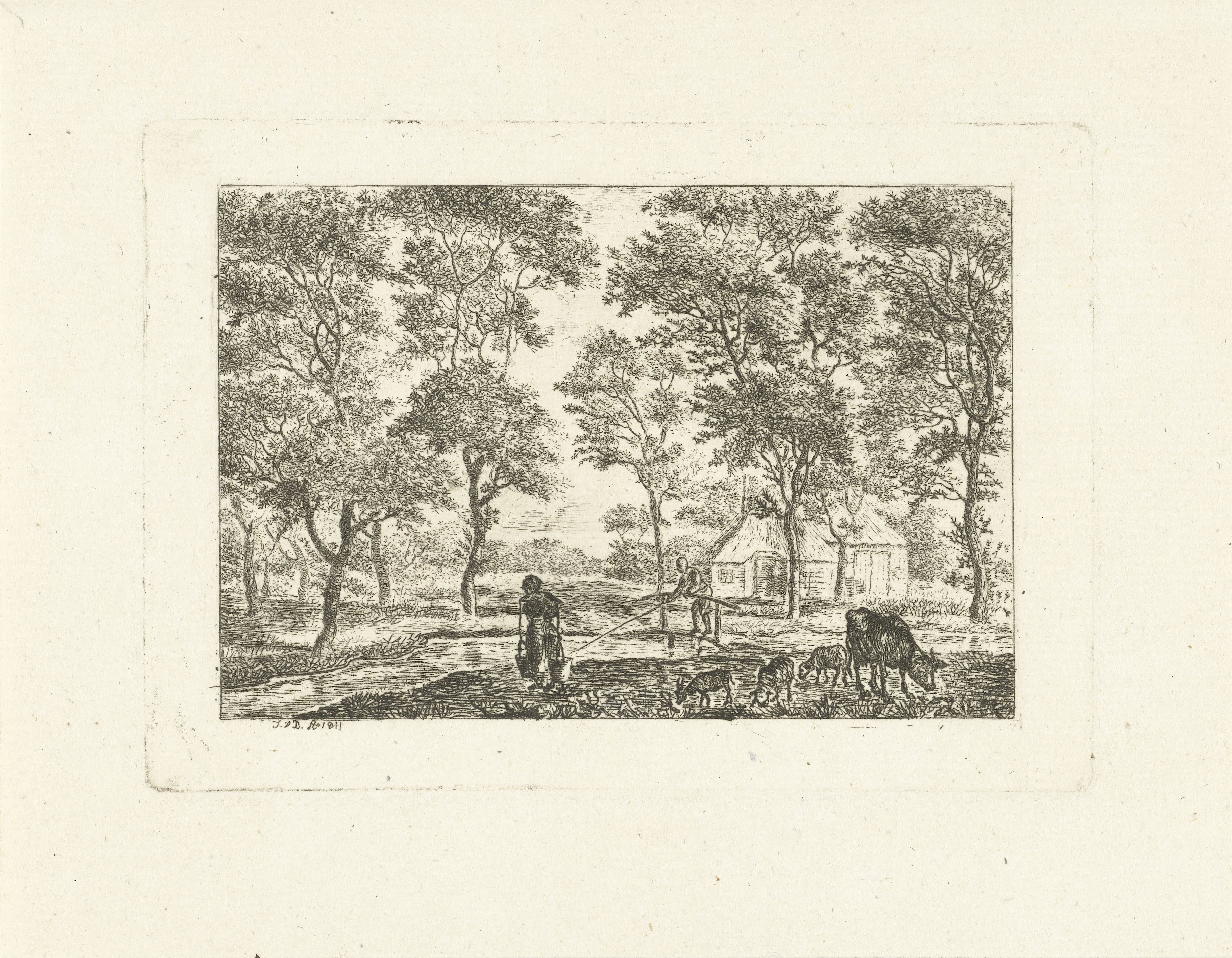 Landschap met vee en melkmeid met juk bij sloot met visser