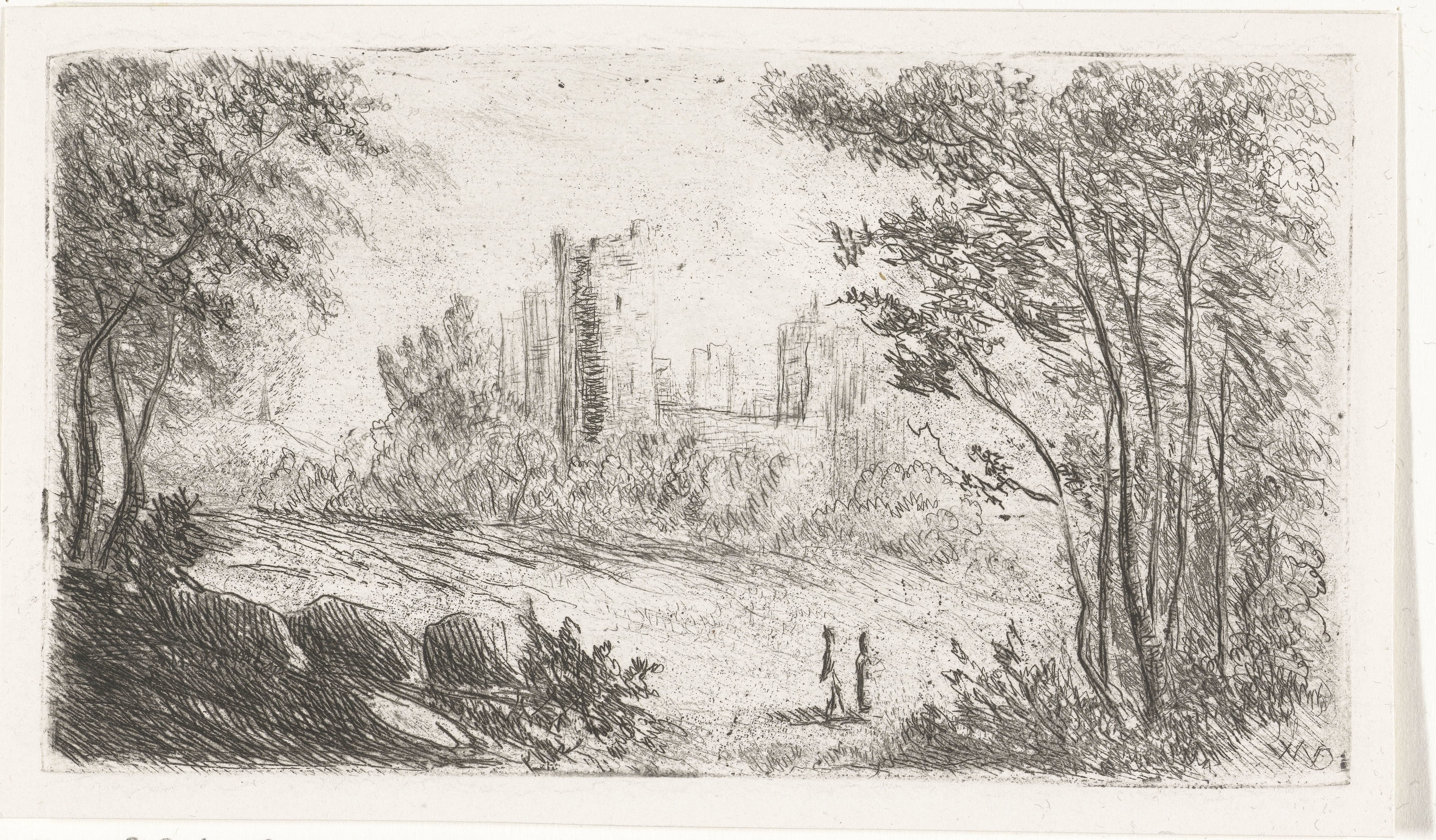 Landschap met ruïne van kasteel en twee figuren