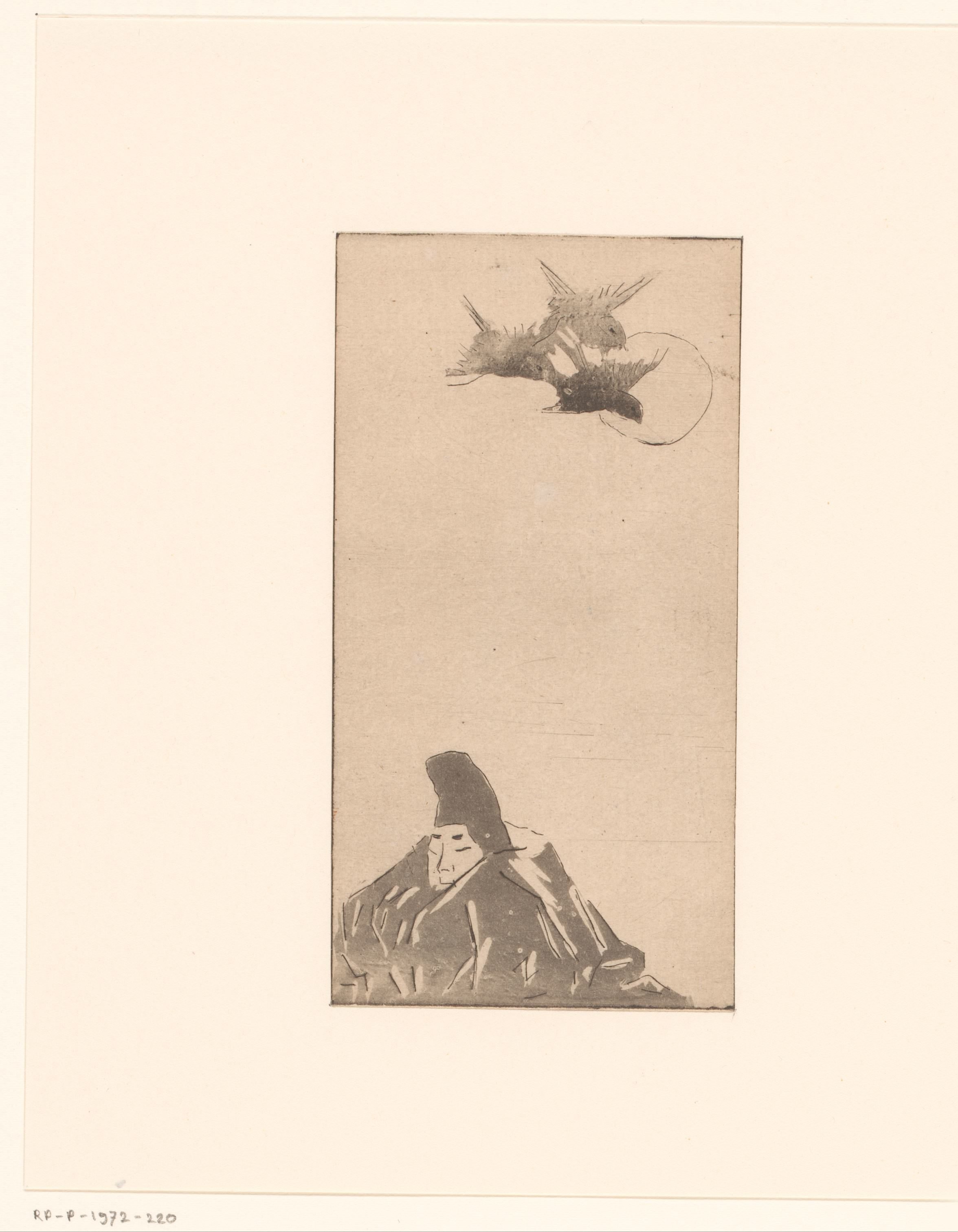 Japans motief met een man en drie vogels