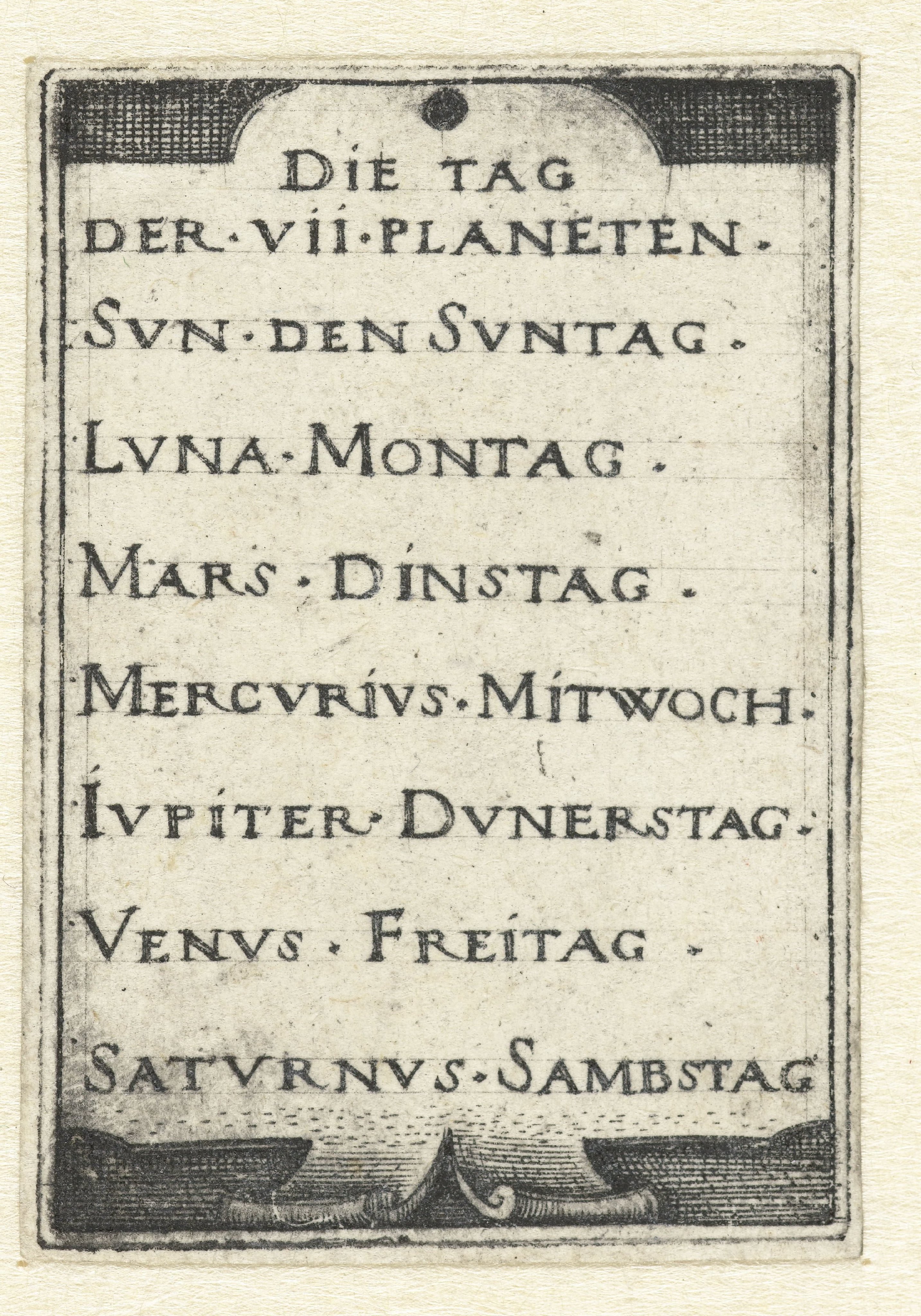 Titelblad met lijst van zeven dagen en de bijbehorende planeten