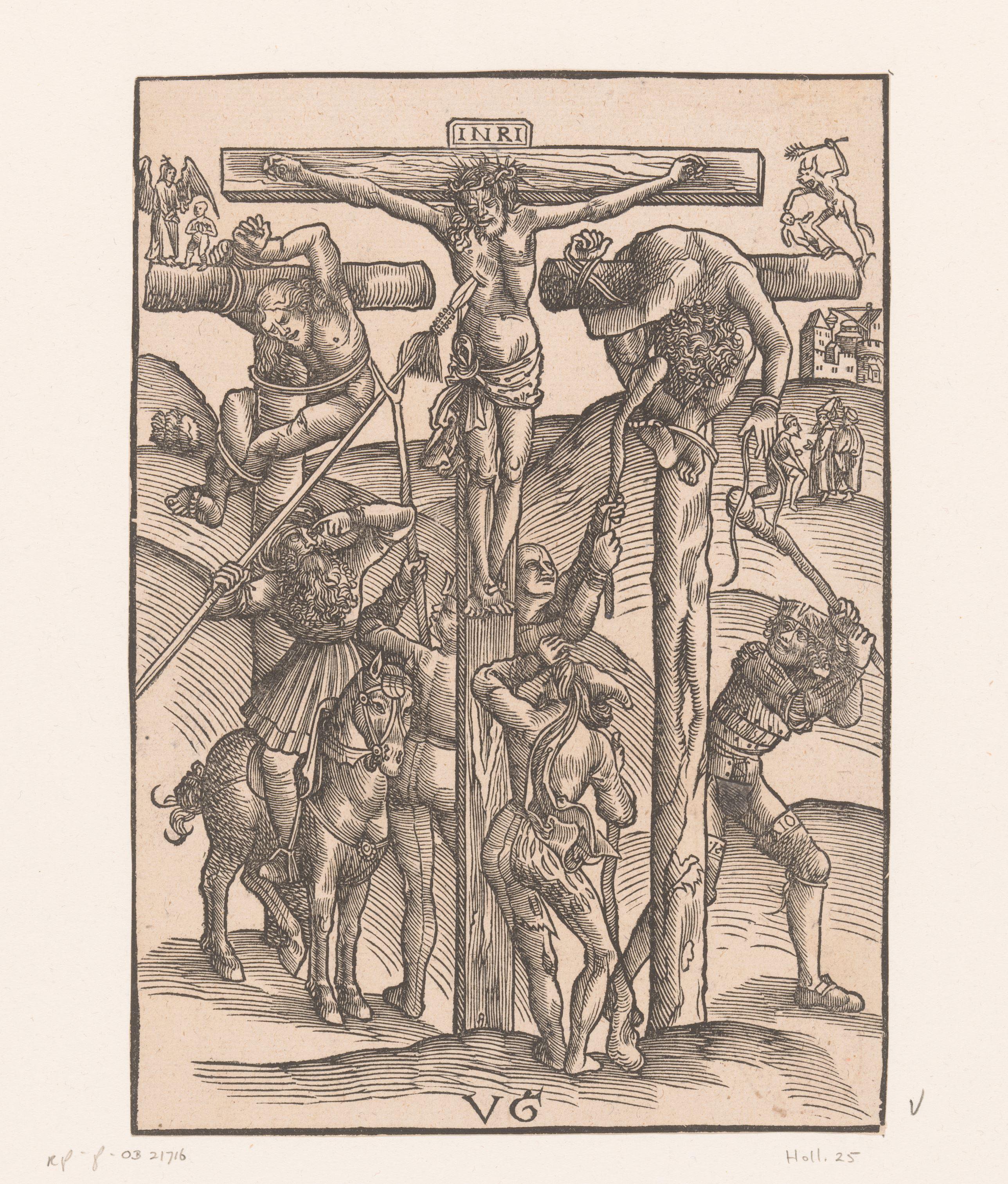 Longinus steekt Christus met zijn speer en de ledematen van de misdadigers worden gebroken