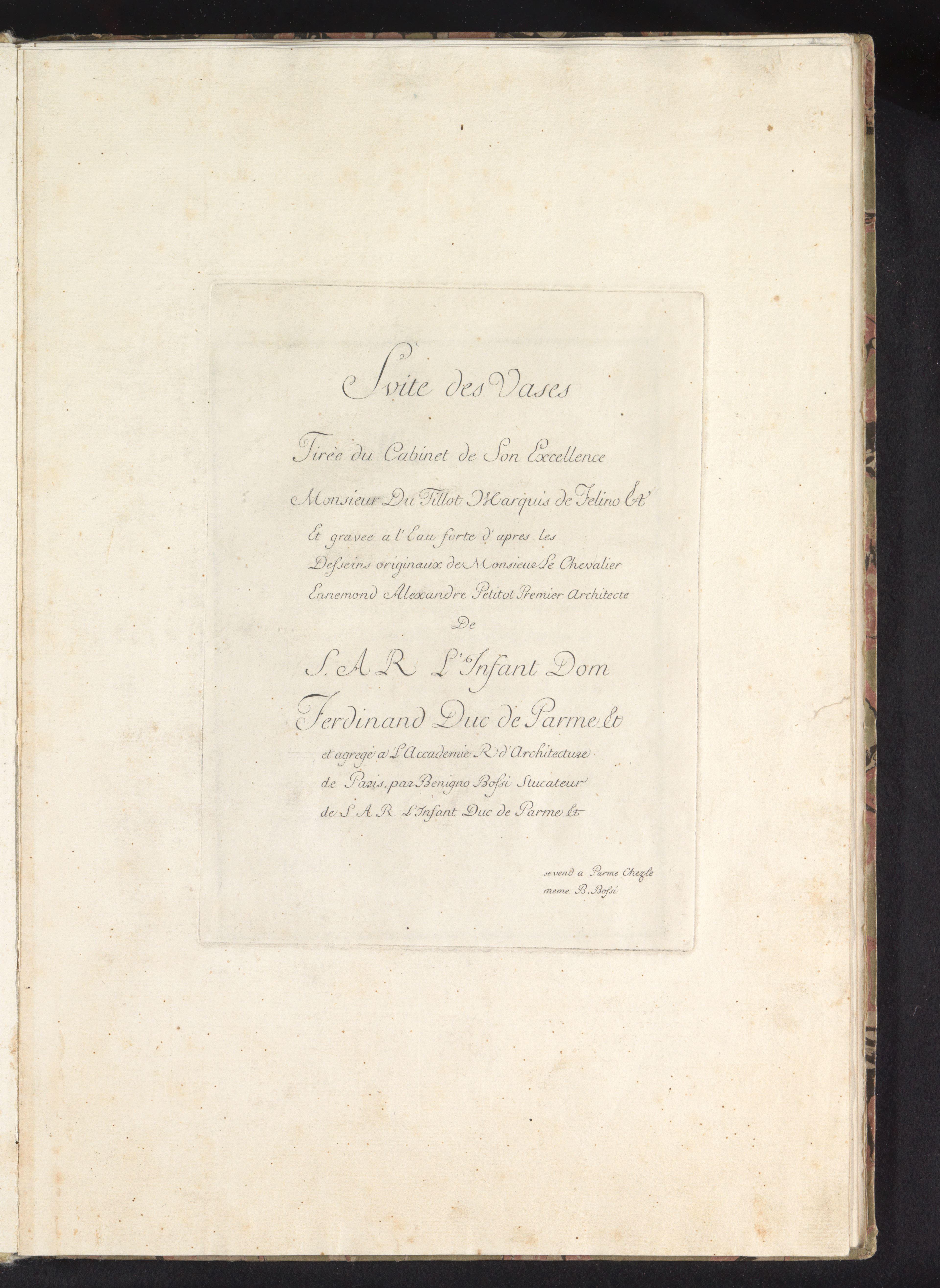 Dedicatieblad voor Suite des Vases met benoeming van de opdrachtgever en vervaardigers