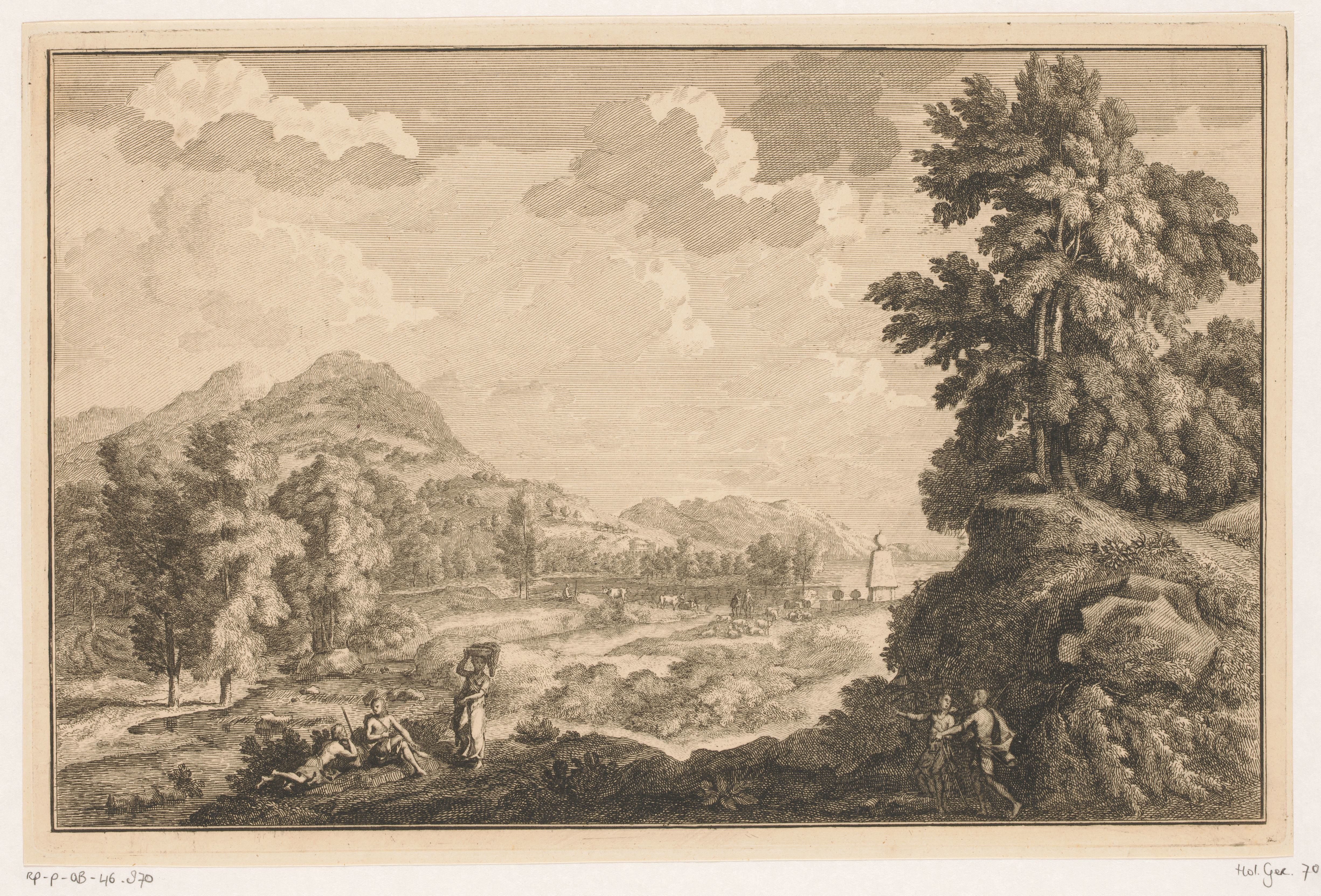 Arcadisch rivierlandschap met herders en vrouw met een wasmand