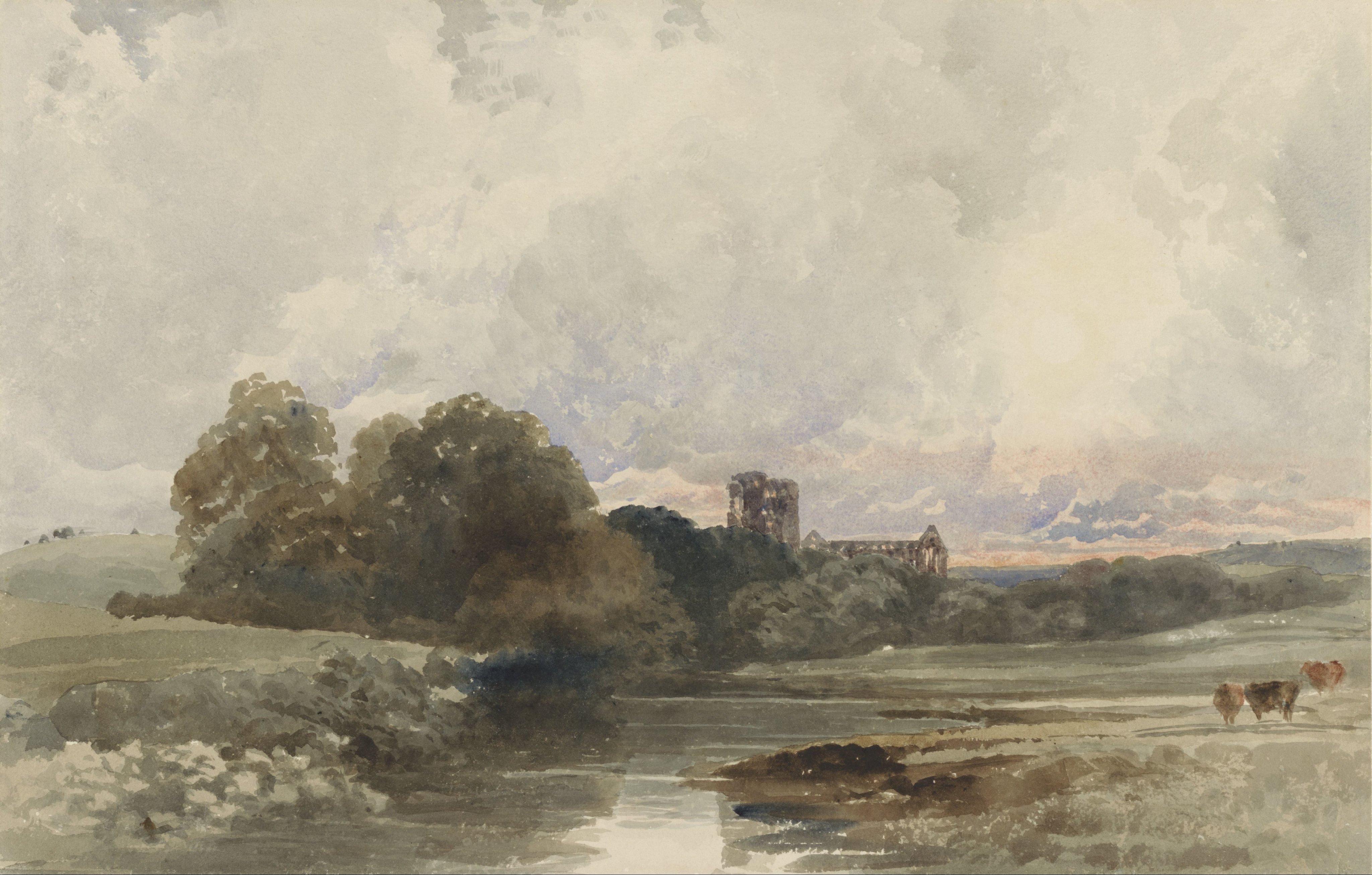 Avondlandschap met de ruïne van Kirkstall Abbey, Yorkshire