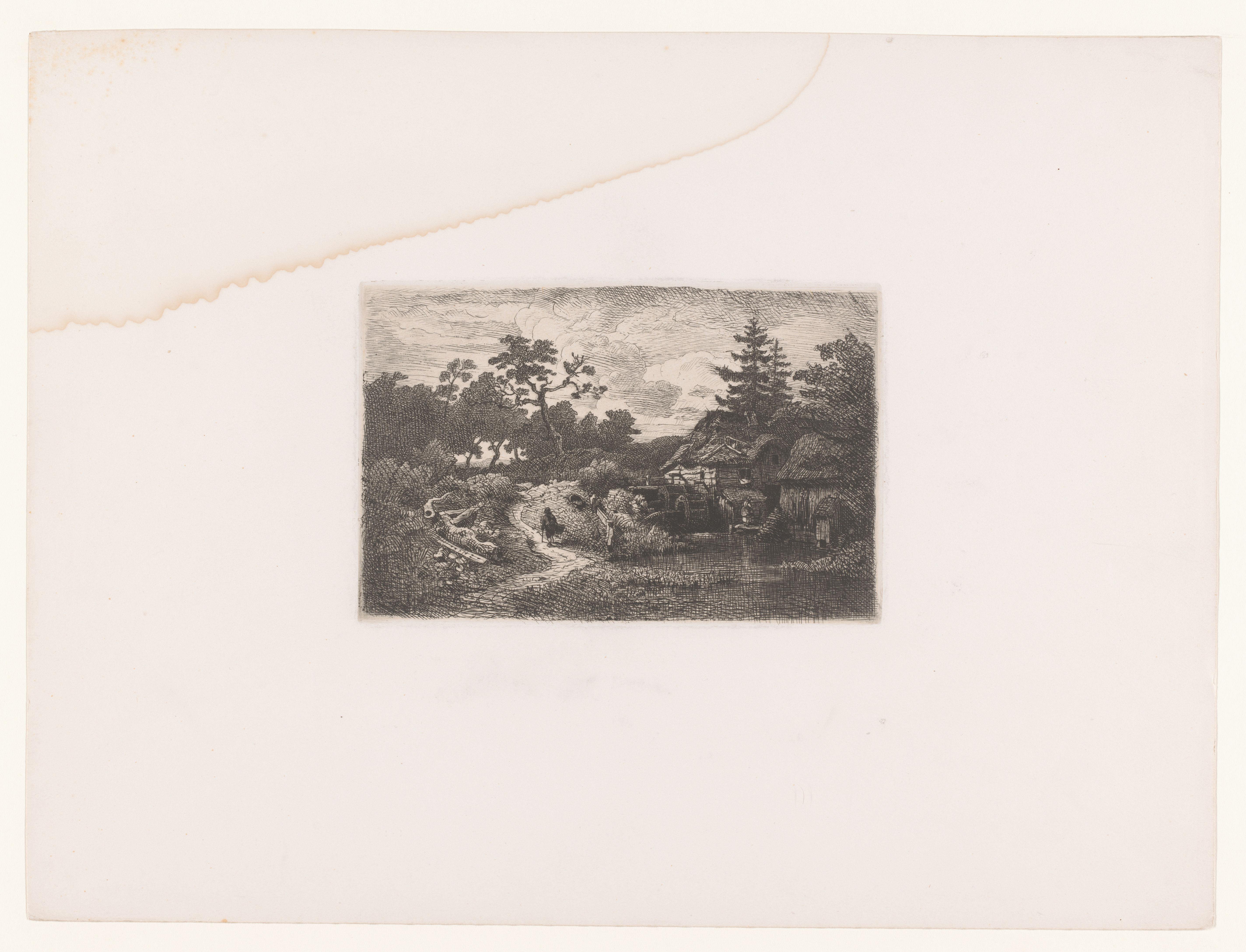 Bosgezicht met een wandelaar en een watermolen