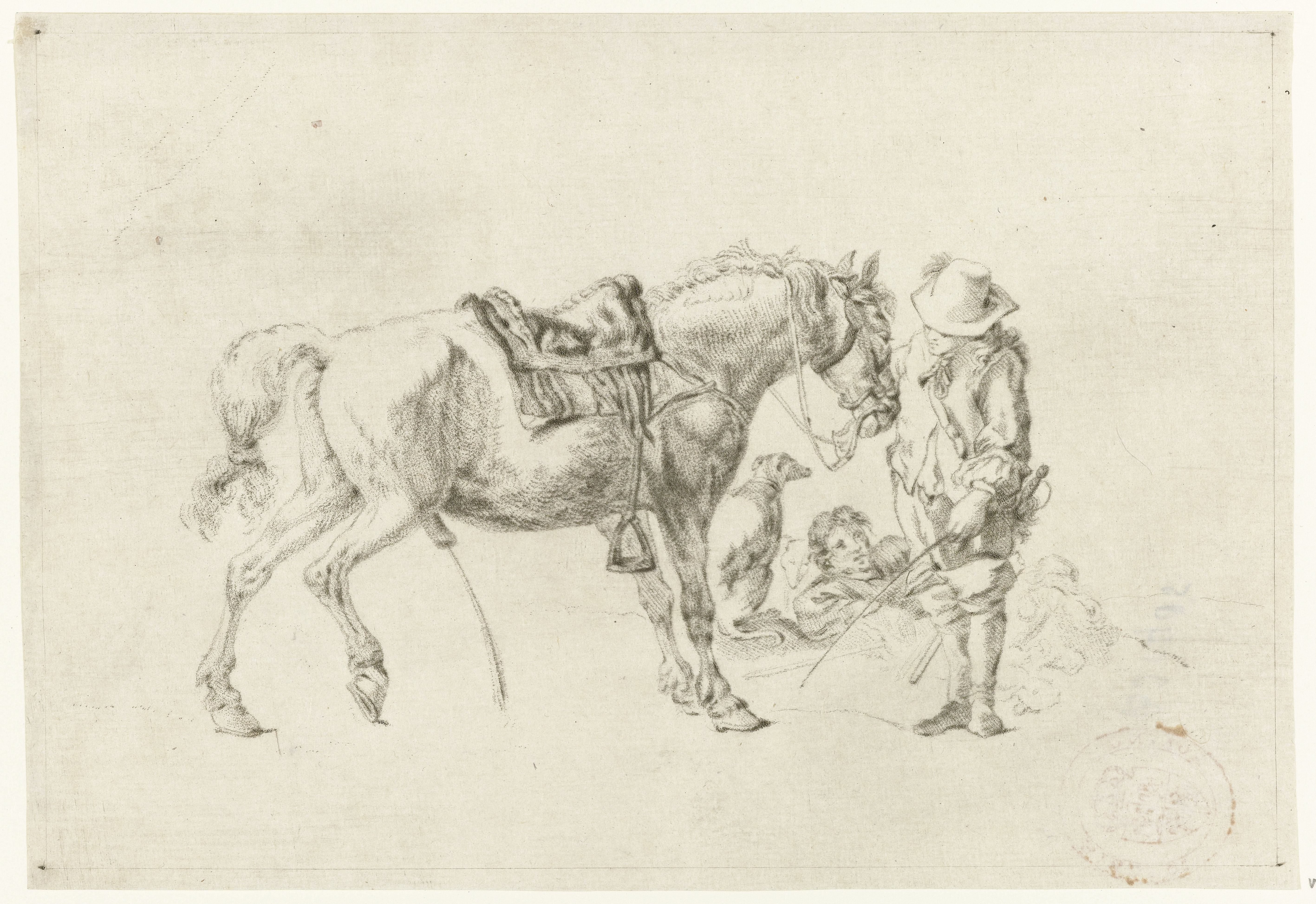 Ruiter naast pissend paard