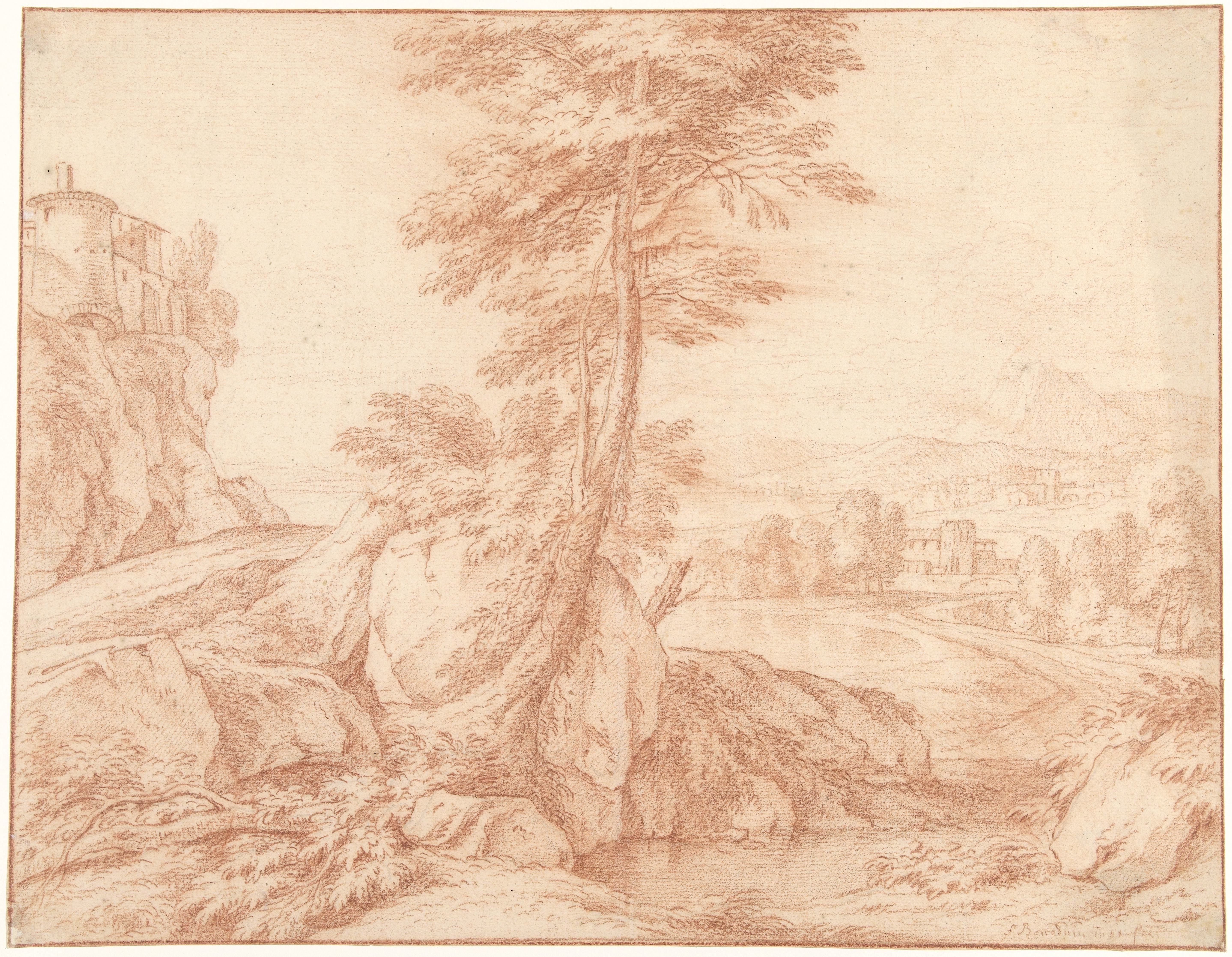 Italiaans landschap met een boom bij een rots