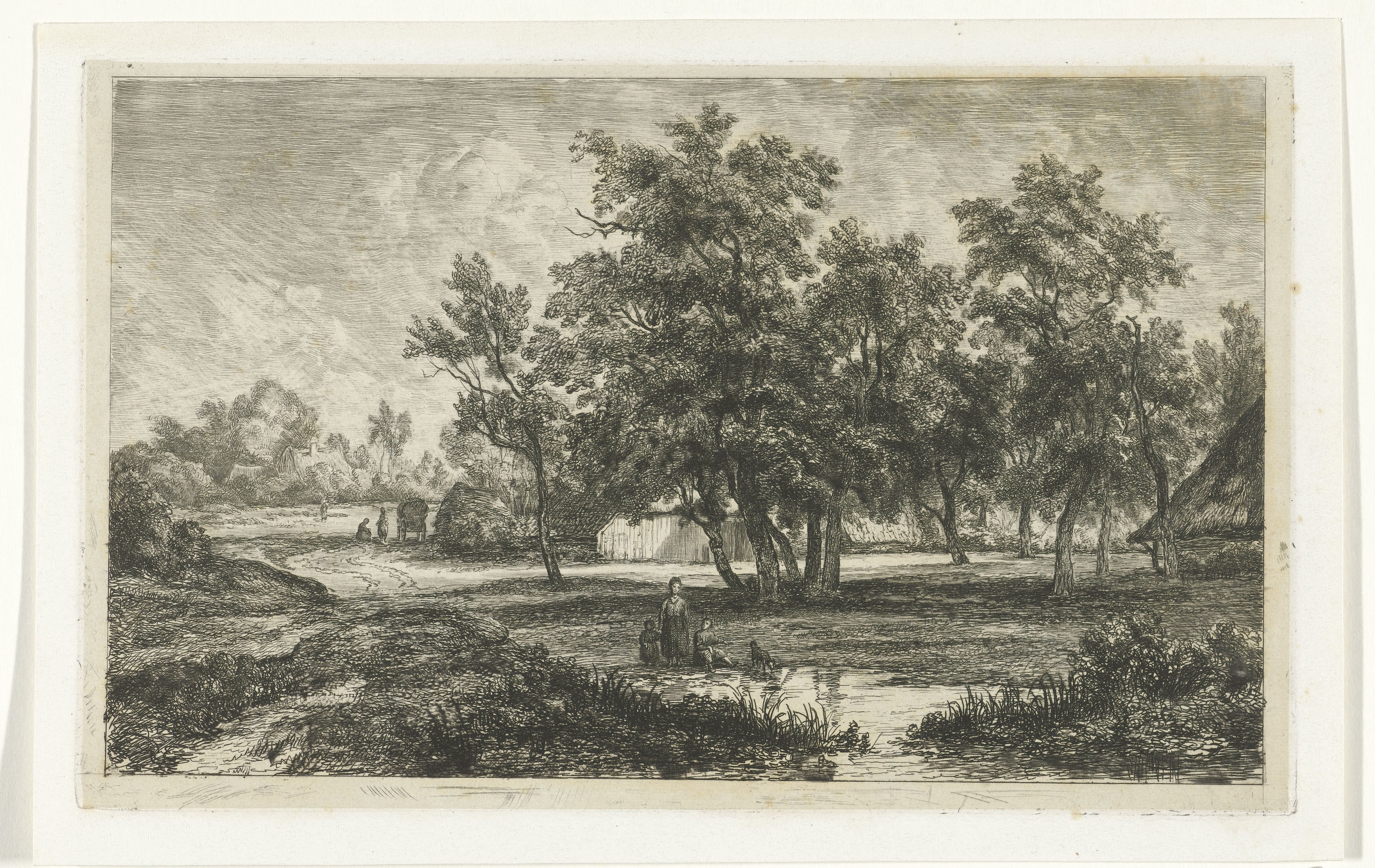 Landschap met boerderij tussen de bomen
