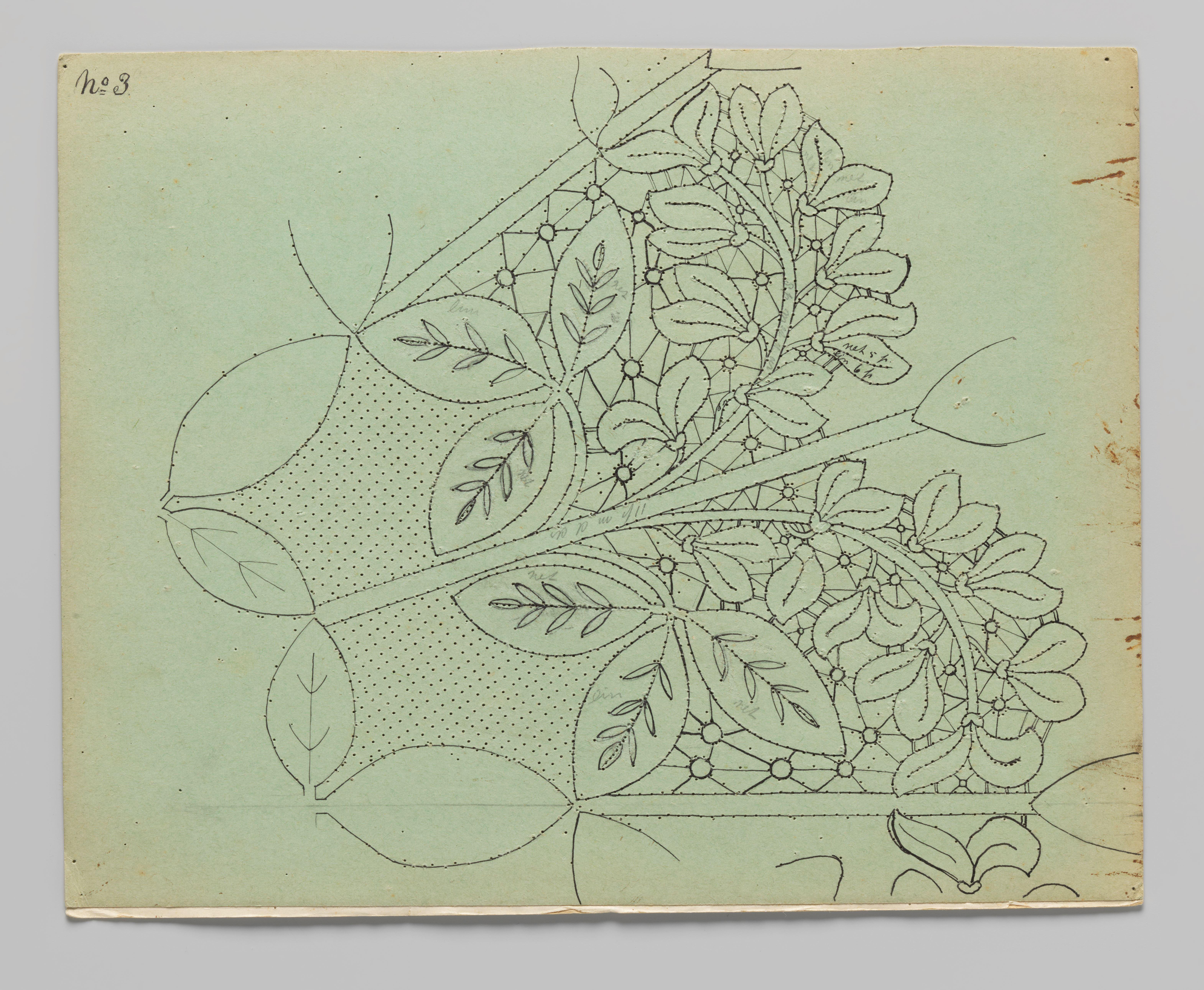 Kantpatroon voor een kleed van kloskant met goudenregentakken en -bloemen