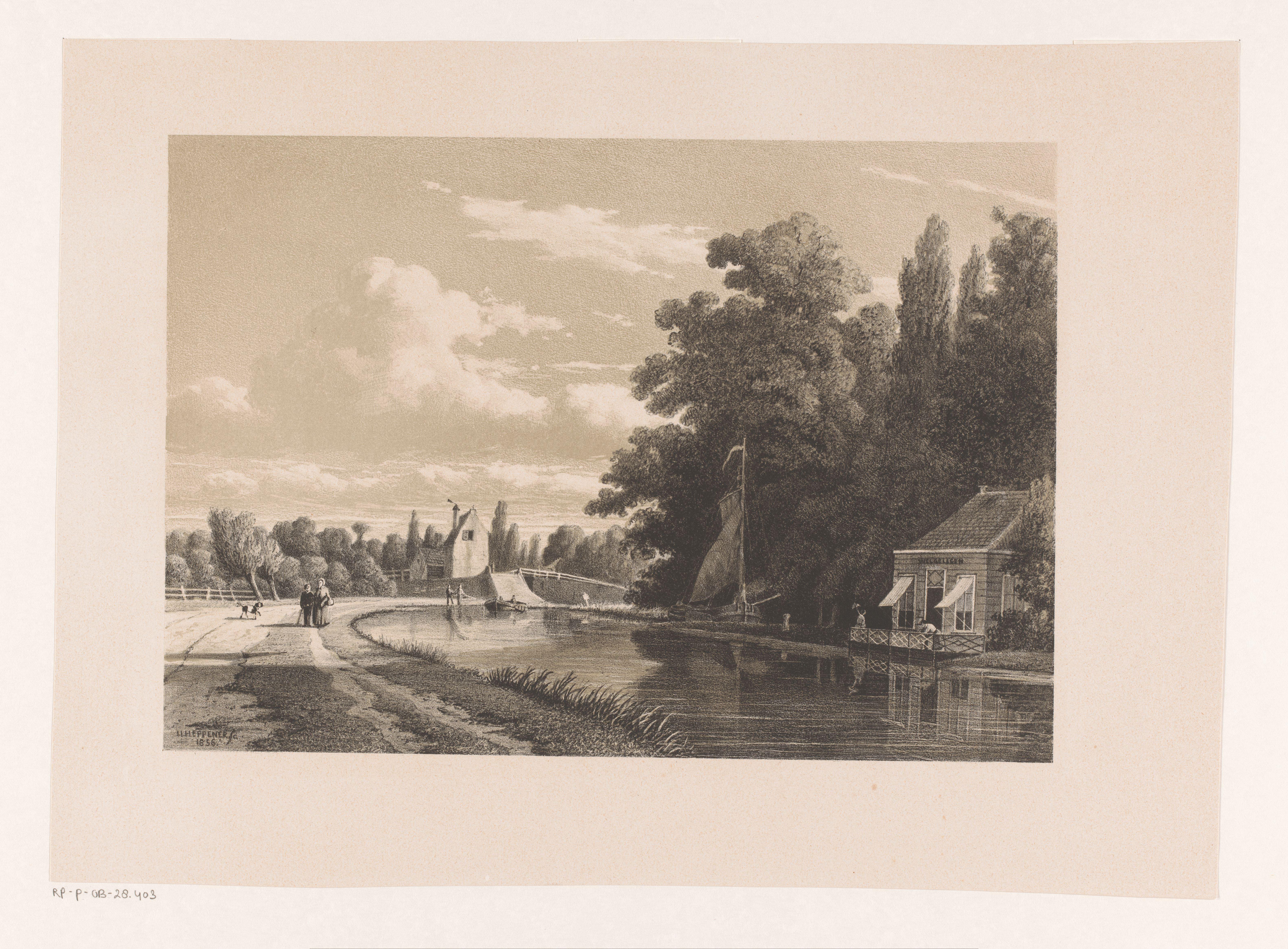 Gezicht op een rivier met huis Welgelegen