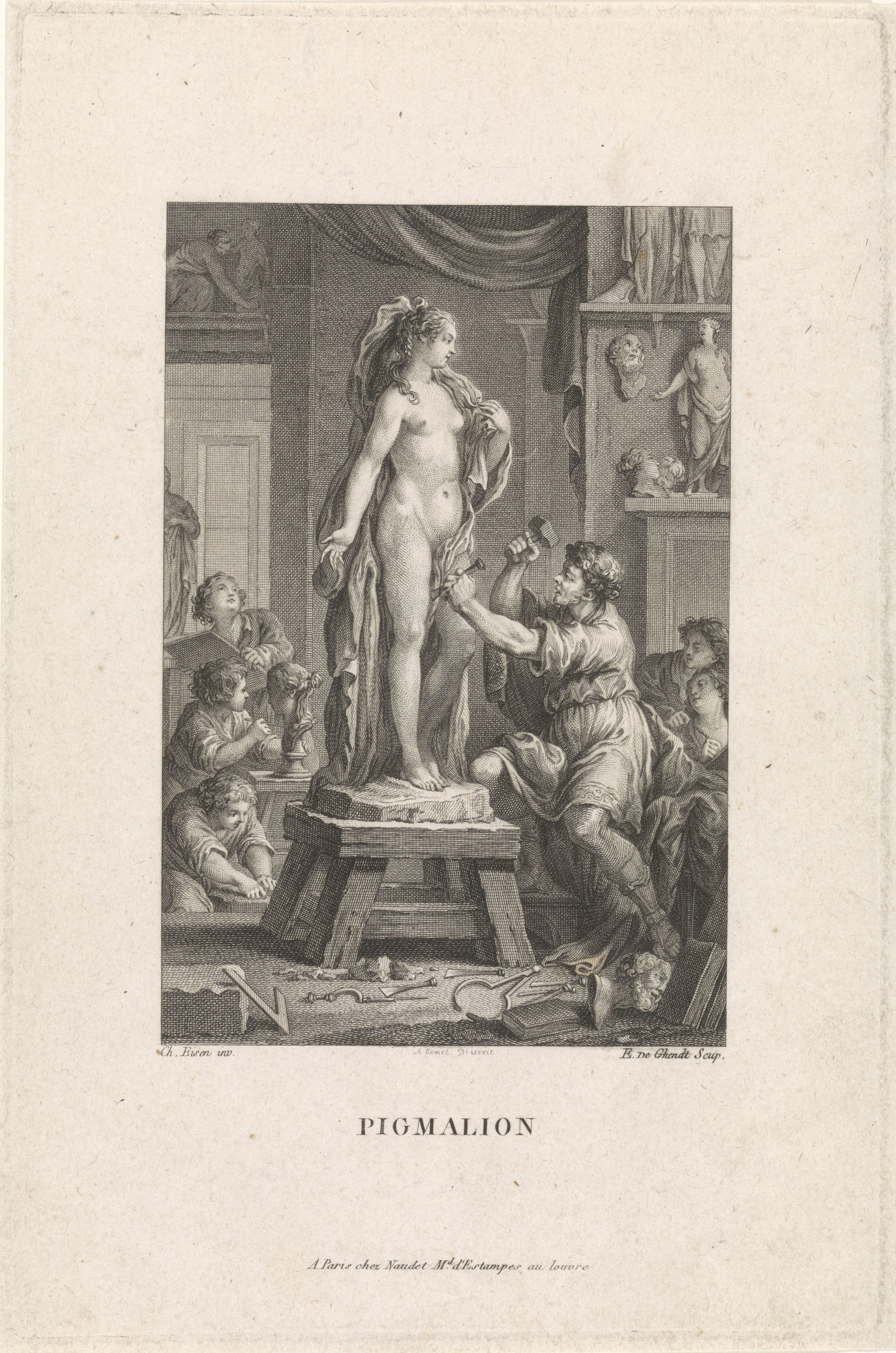 Pygmalion maakt een standbeeld van een vrouw