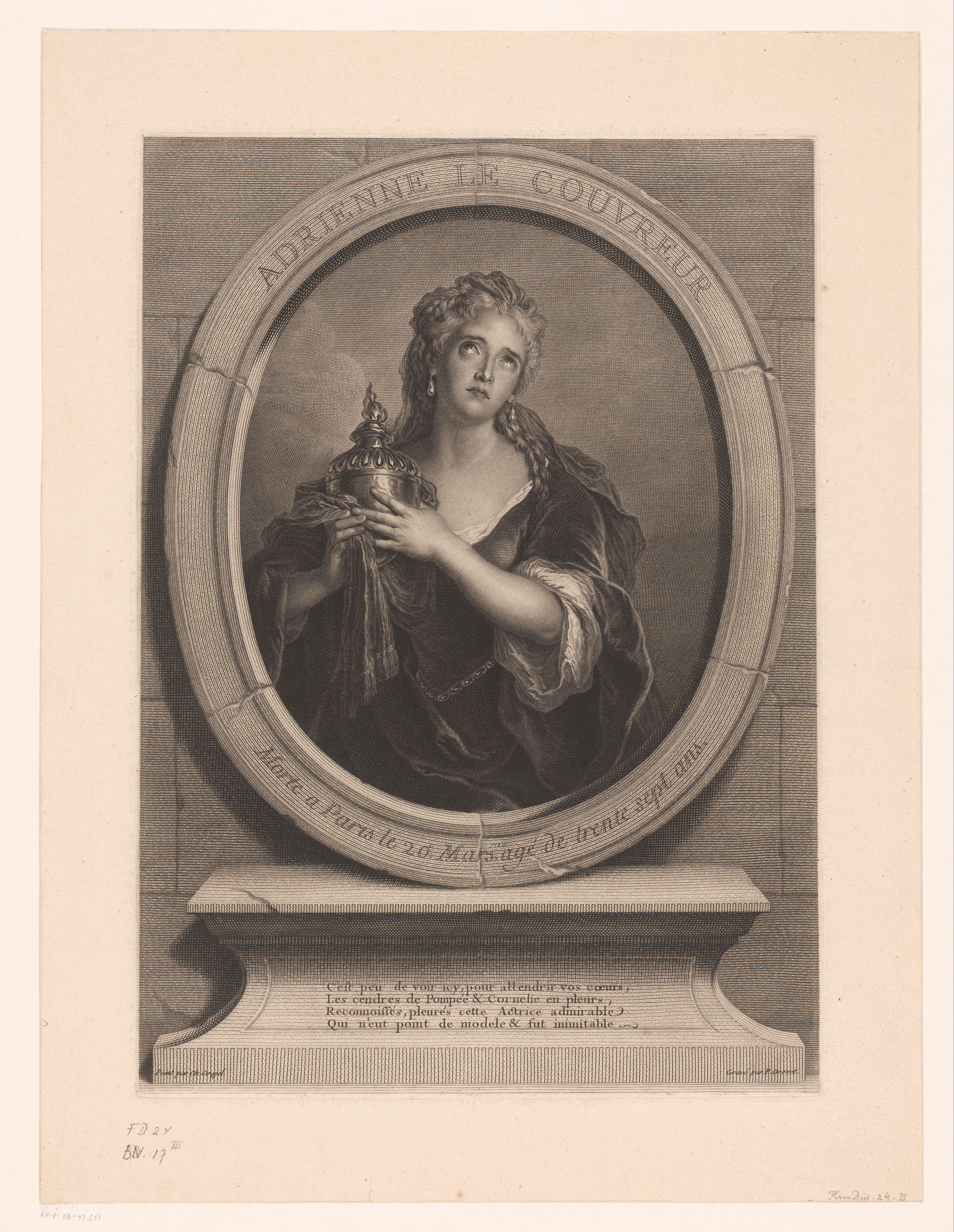 Adrienne Lecouvret in de rol van Cornelia met een urn met de as van haar man Pompeus