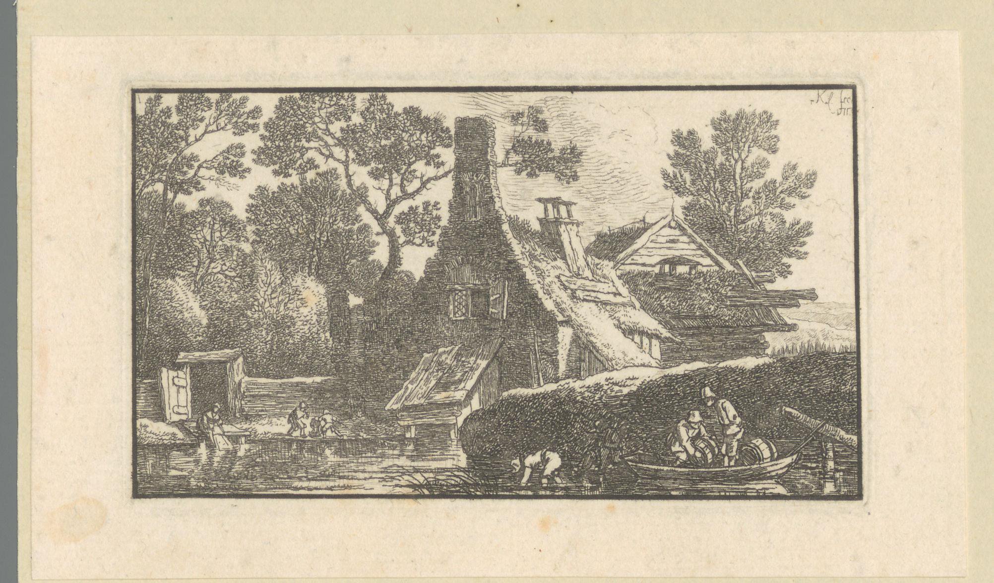 Landschap met activiteiten bij een boerderij aan het water