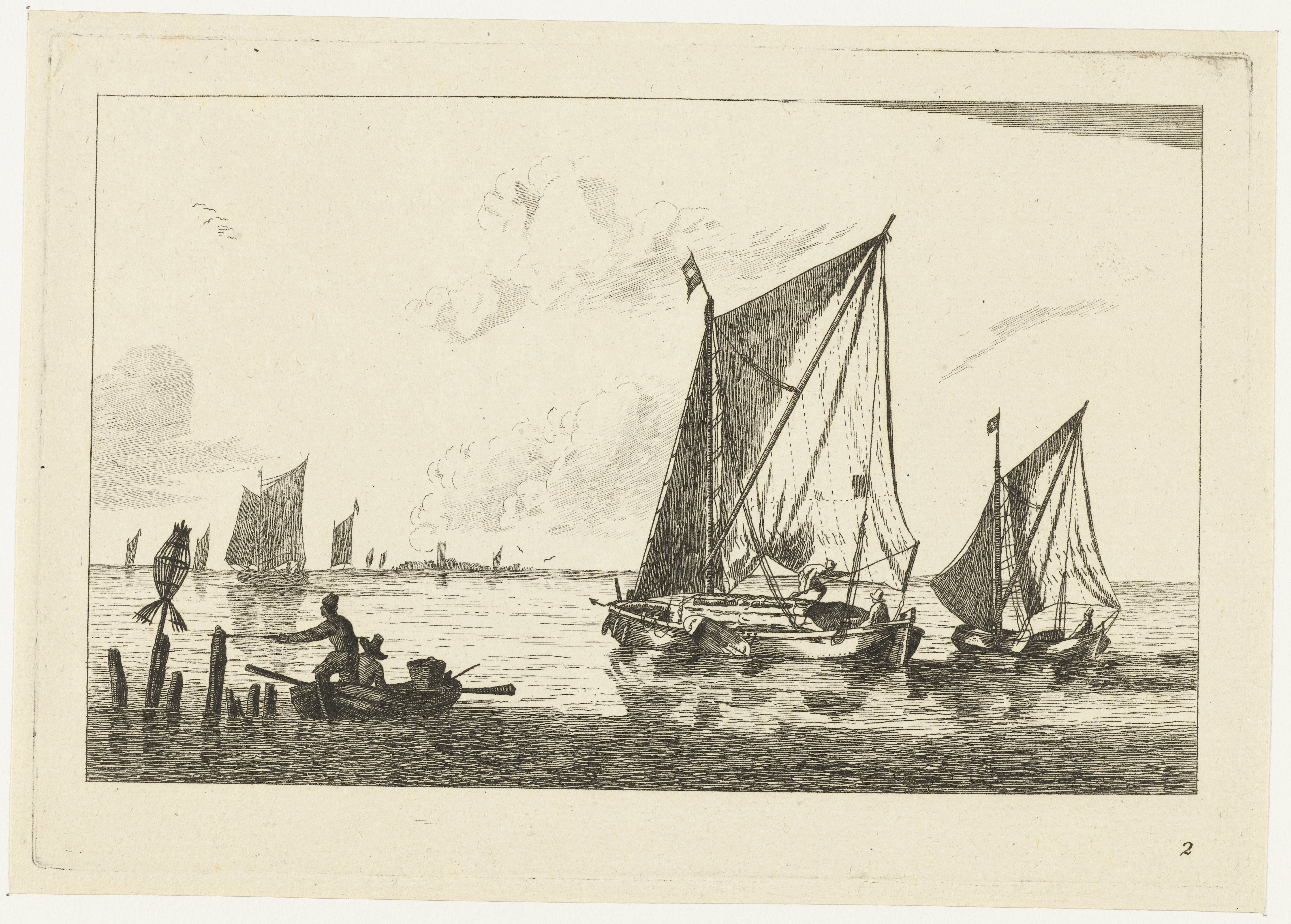 Twee zeilschepen en een roeiboot