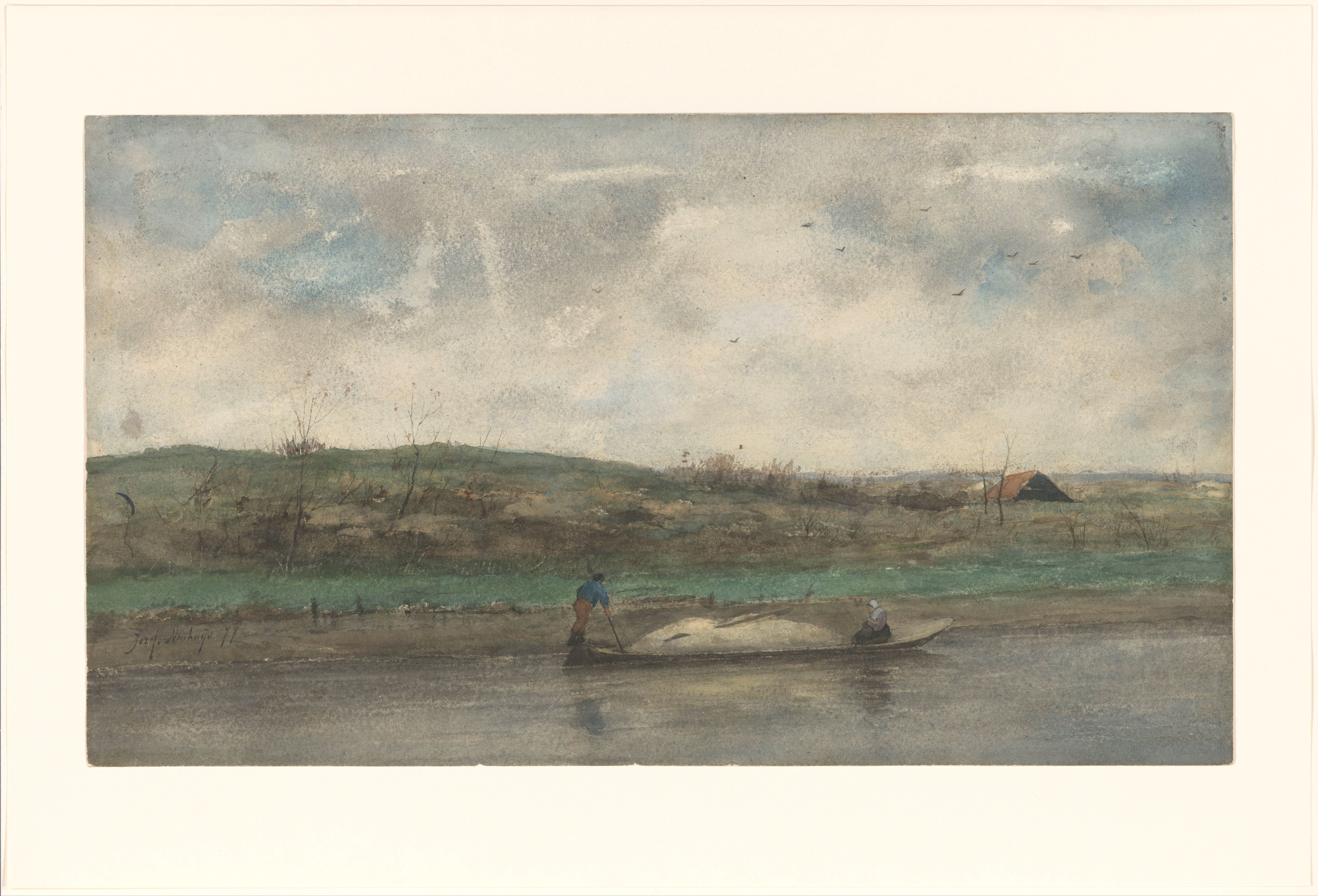 Zandschuit in vaart door glooiend landschap