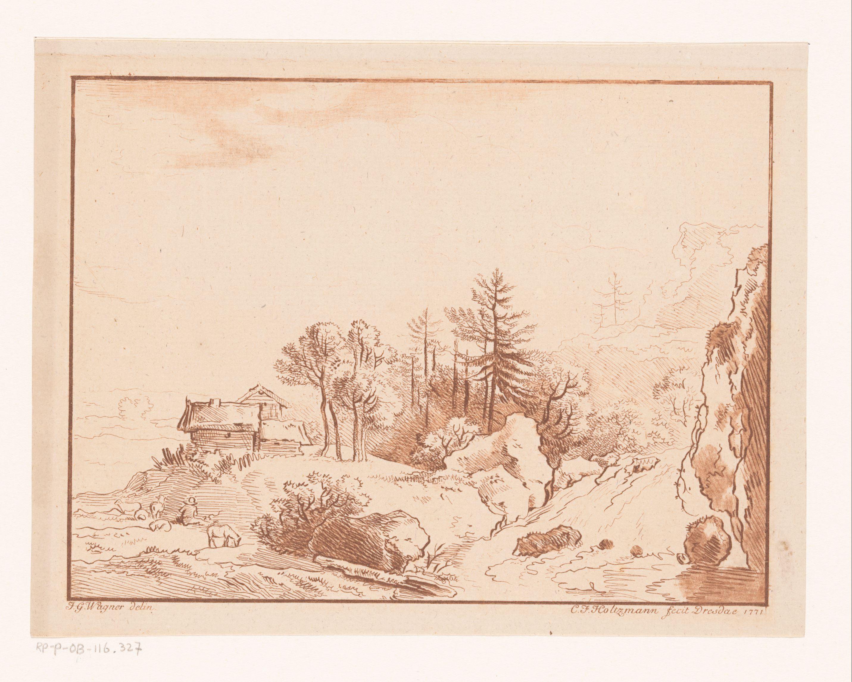 Heuvellandschap met herder bij een hut en waterval
