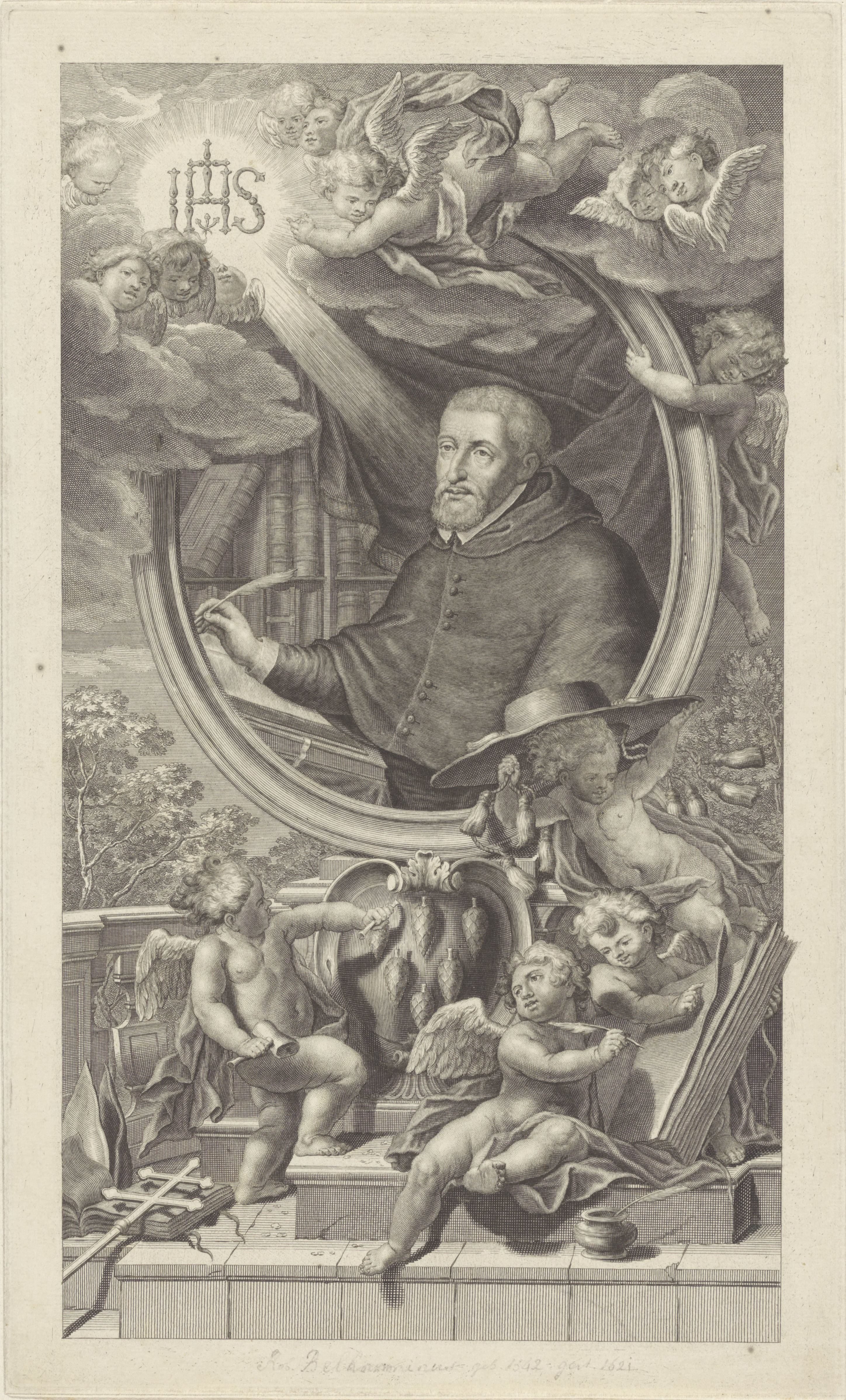 Portret van een kardinaal omringt door putti