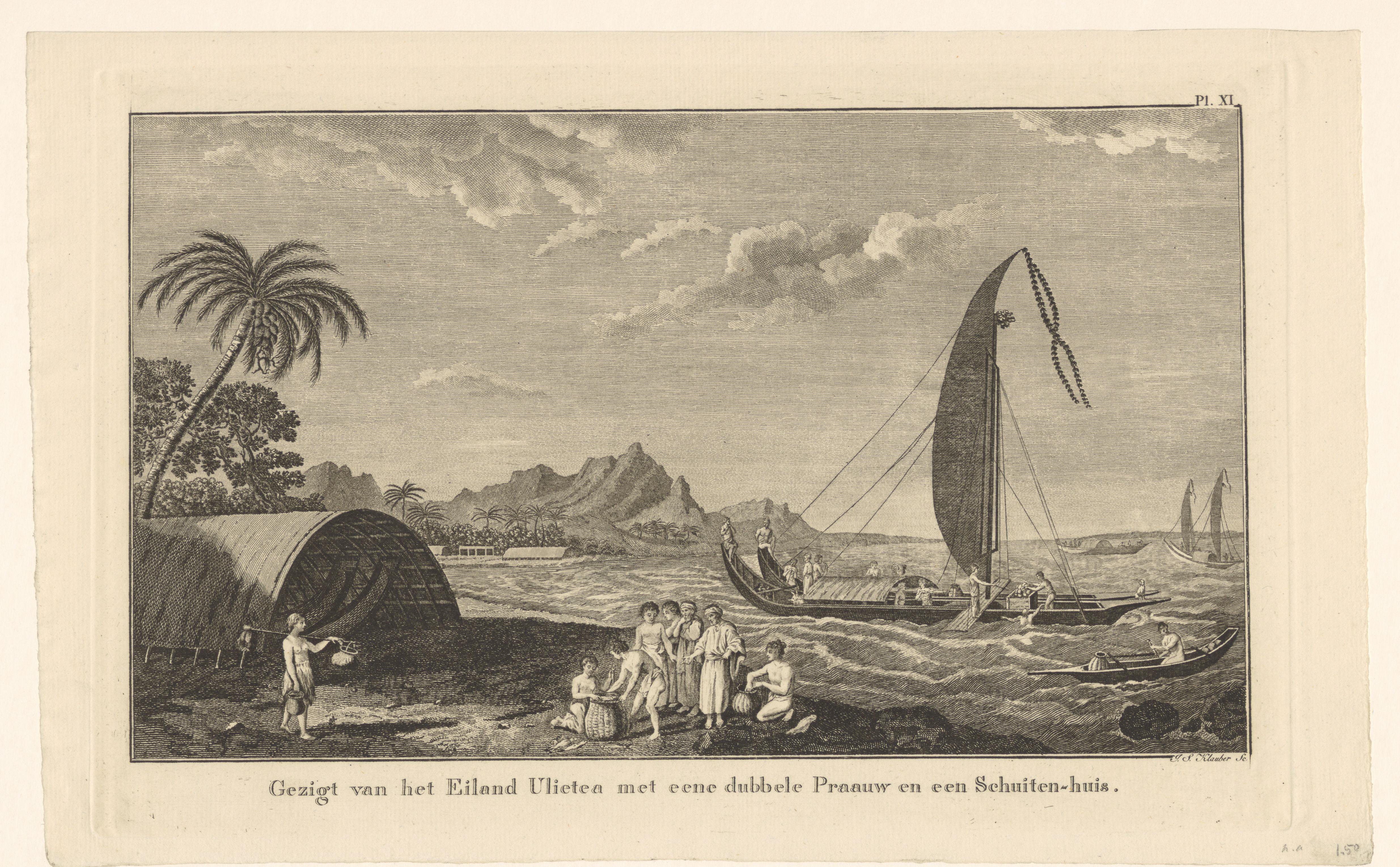 Kust met boten en prauwen bij het eiland Raiatea in Frans-Polynesië