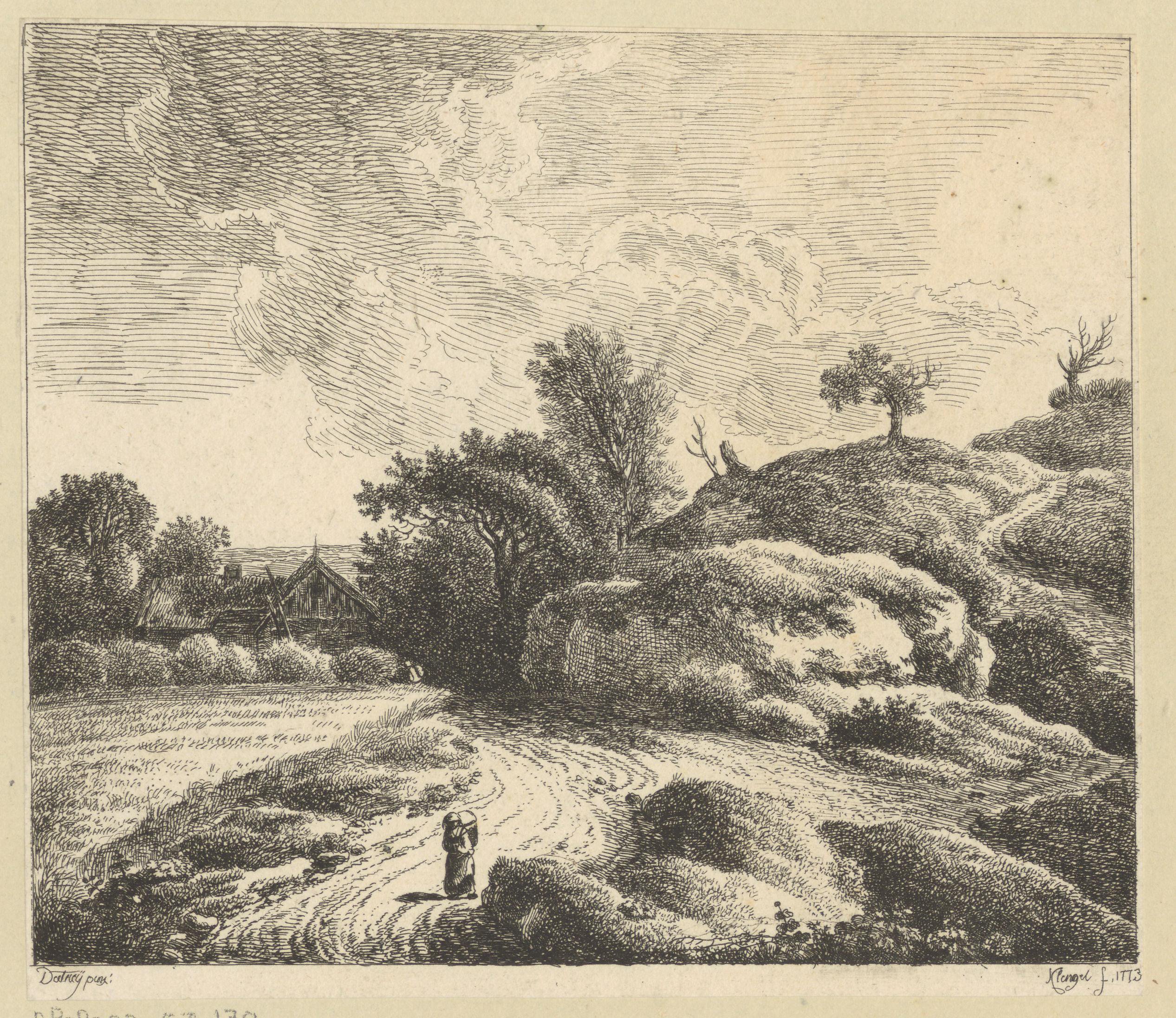 Landschap met een reiziger met bepakking