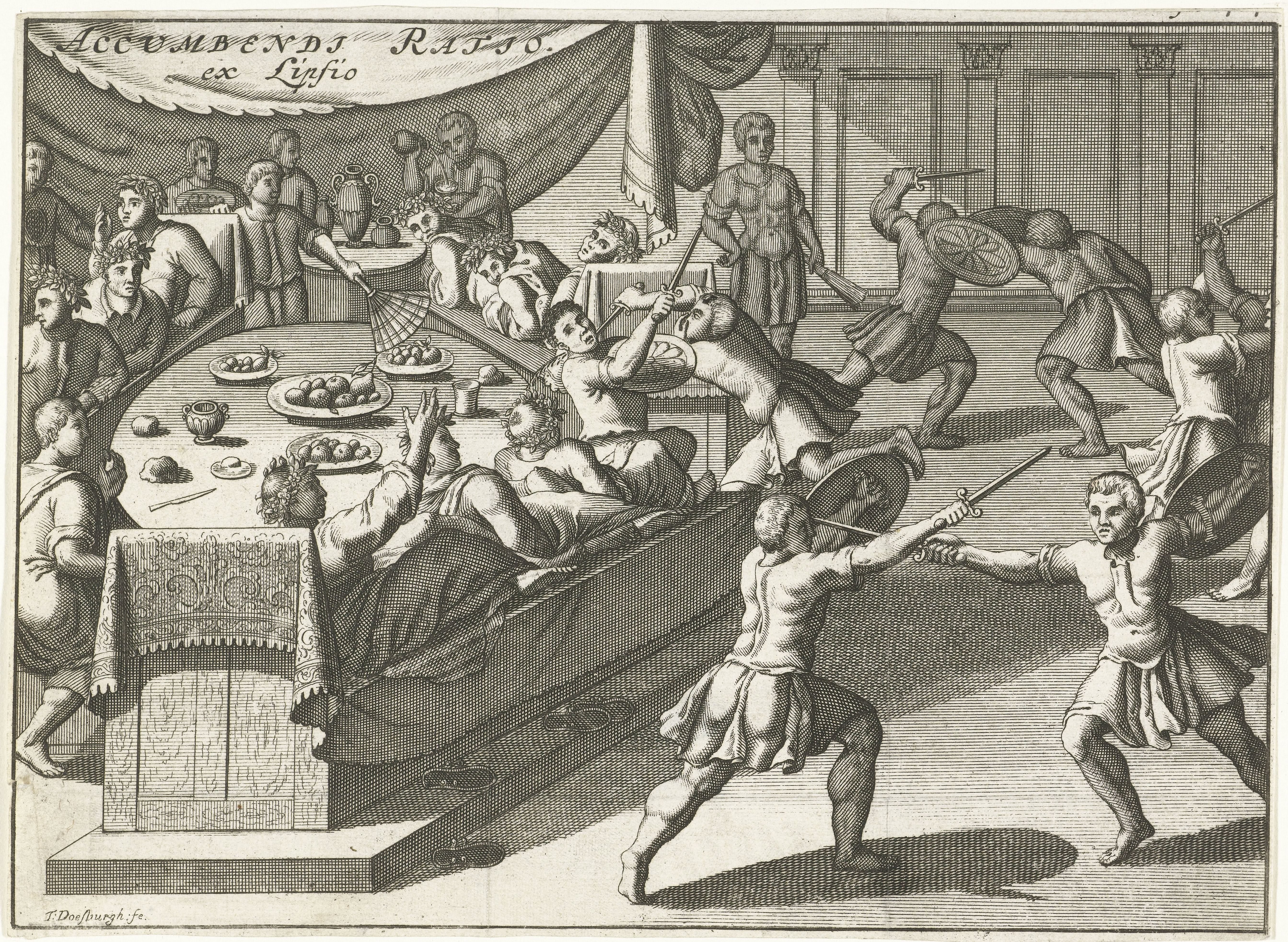 Mannen liggend aan eettafel kijken naar vechtende mannen