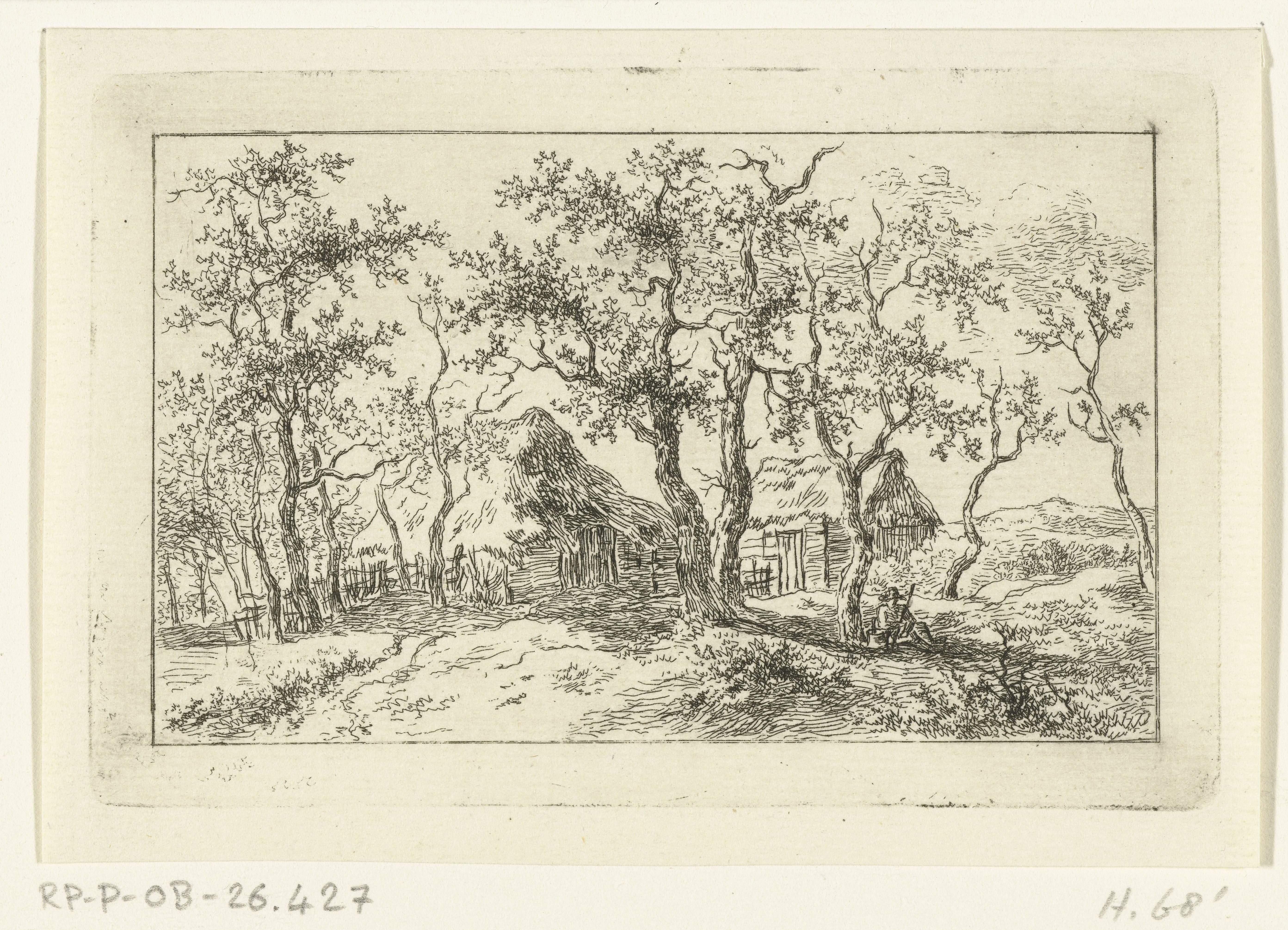 Landschap met boerderij en wandelaar