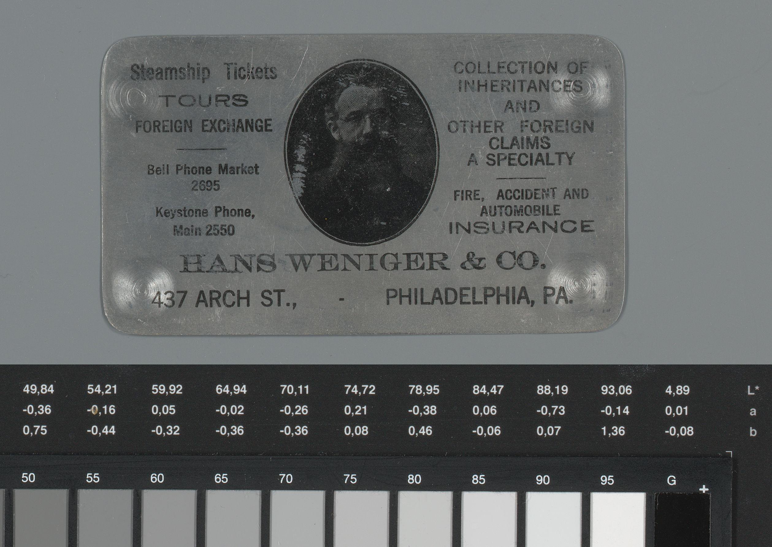 Reclame voor Hans Weniger & Company met zijn portret