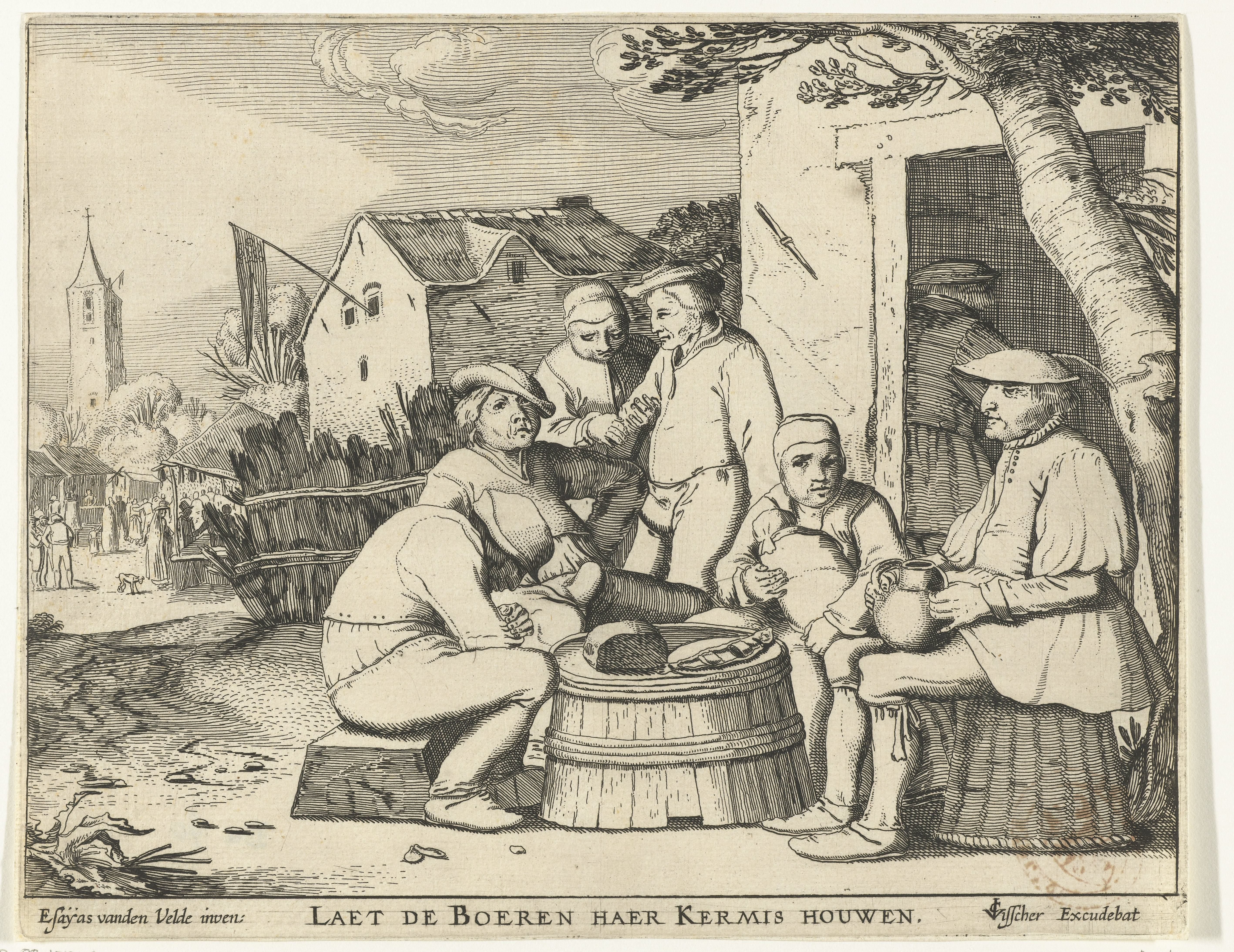 Zes boeren zittend rond een ton bij een herberg