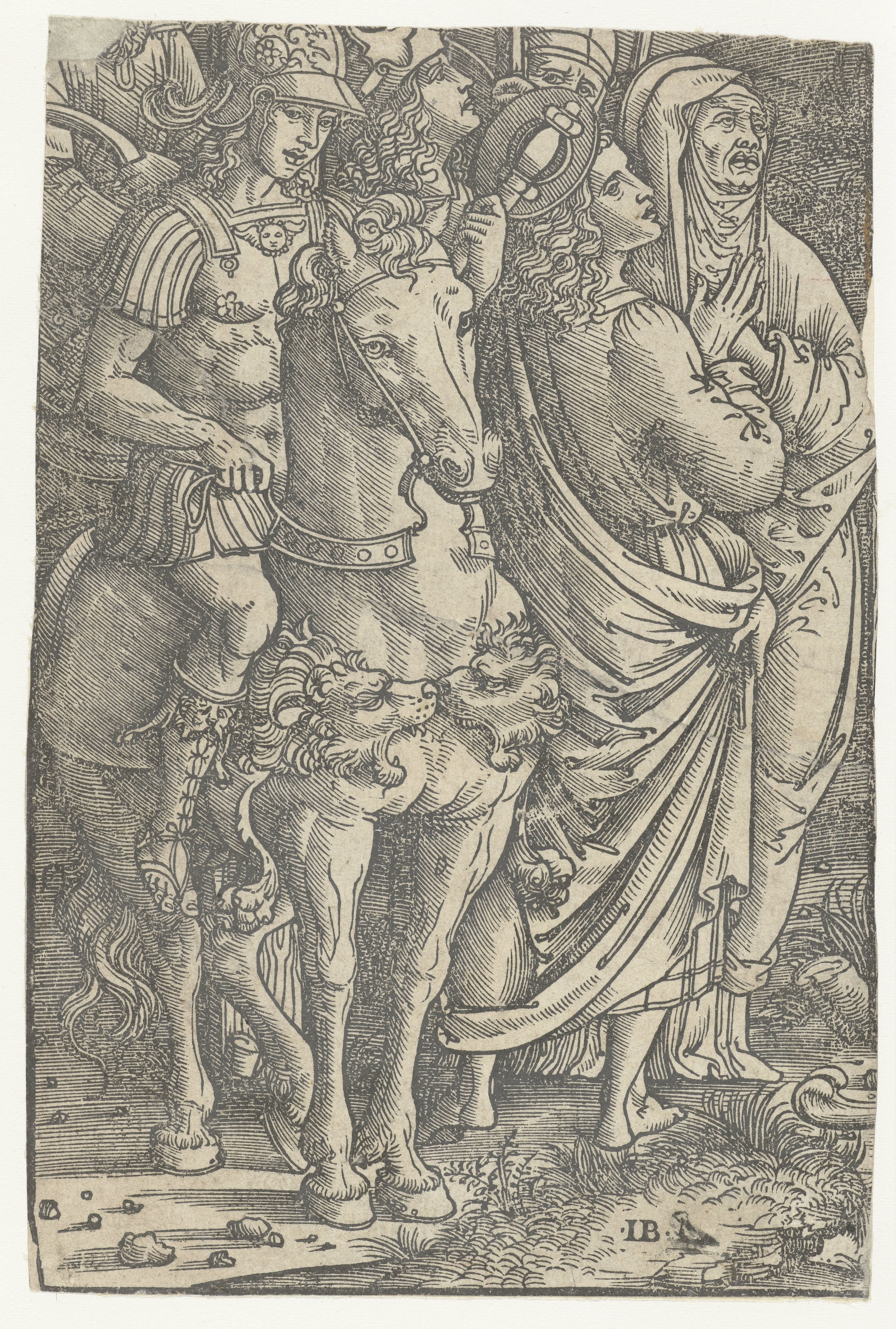 Fragment van een Kruisiging met Johannes de Evangelist en Maria en soldaten