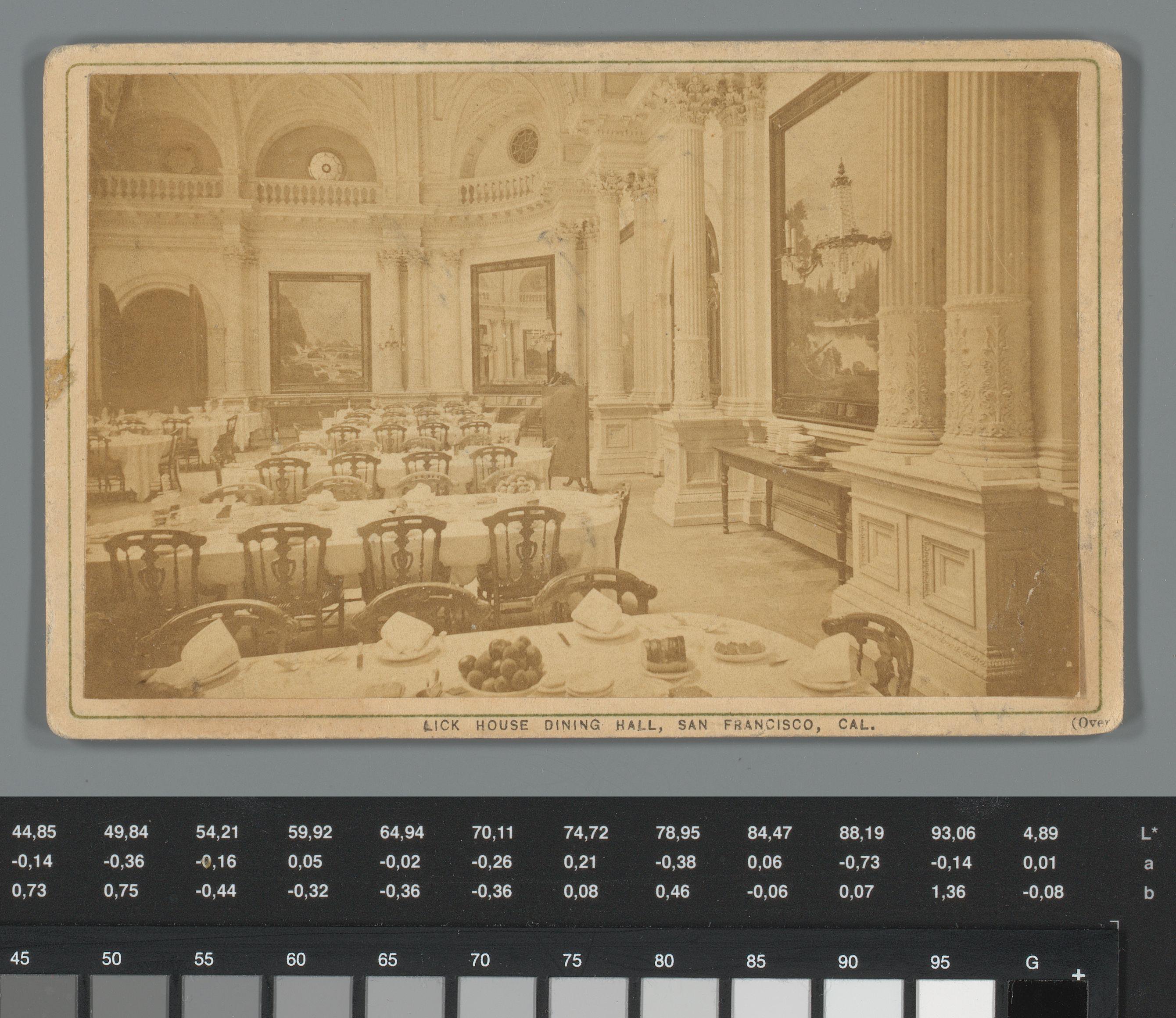Gezicht op de eetzaal in Lick House, San Francisco, Californië, met reclame voor diner aldaar en Watkins' Yosemite Art Gallery