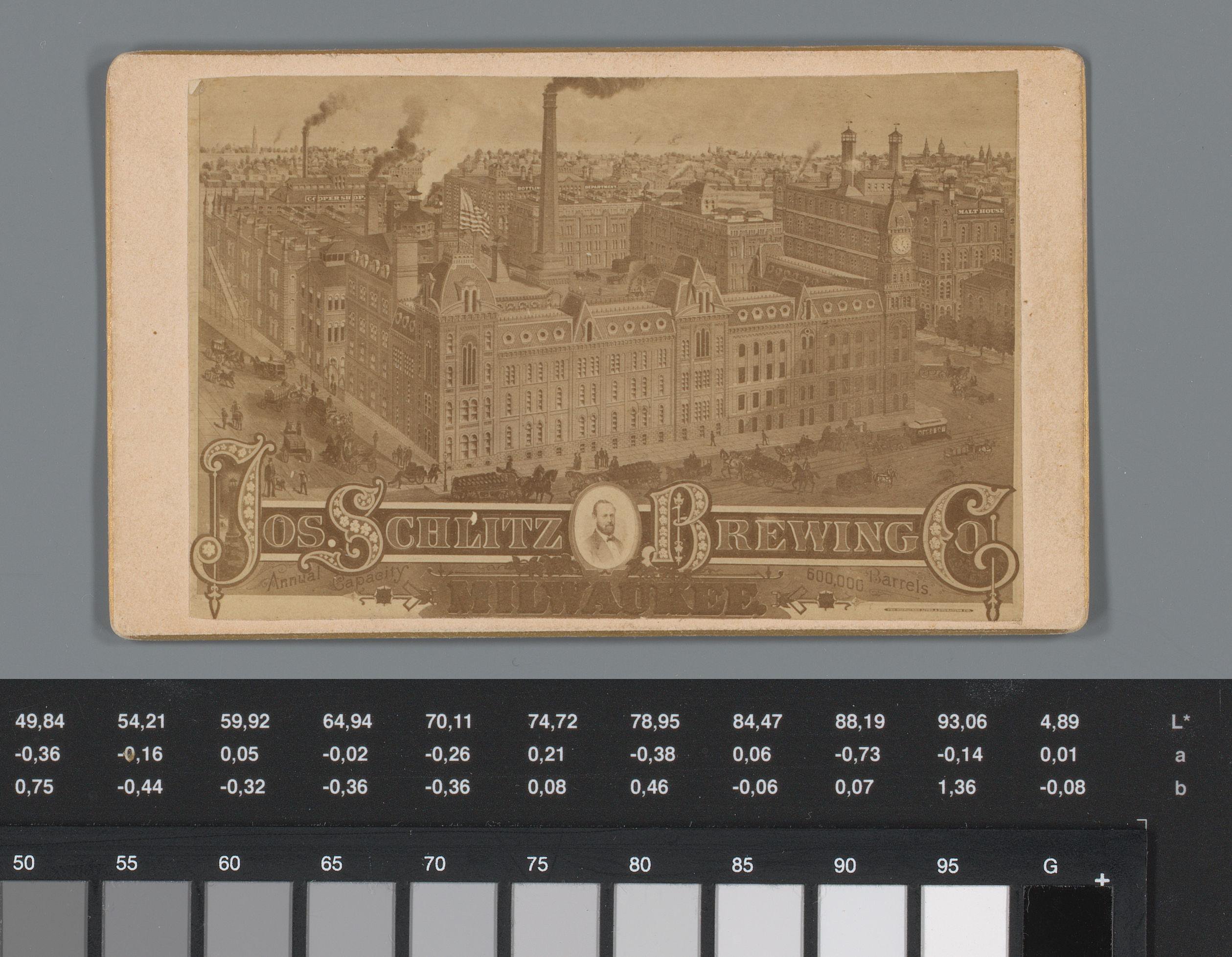 Reclame voor Joseph Schlitz Brewing Company te Milwaukee, met foto van gezicht op de brouwerij aldaar