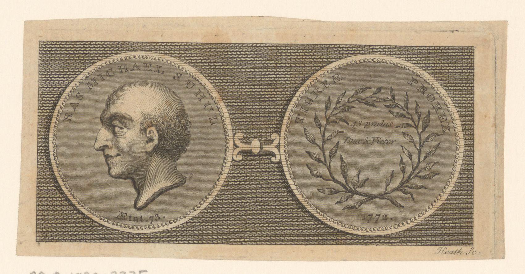 Voor- en achterzijde van een penning met het portret van Mikael Sehul op 73-jarige leeftijd