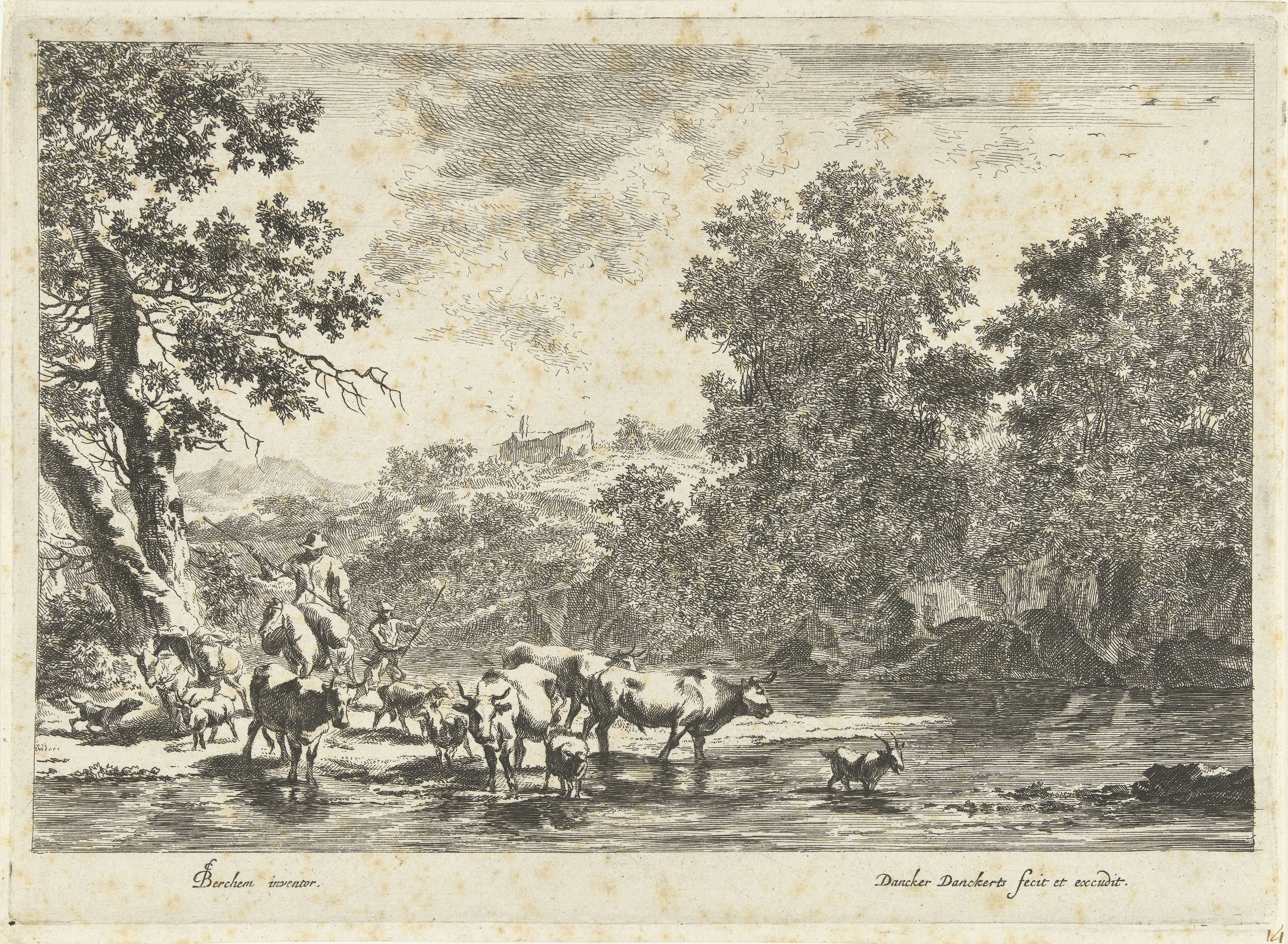 Italiaans landschap met herder te paard en vee bij rivier