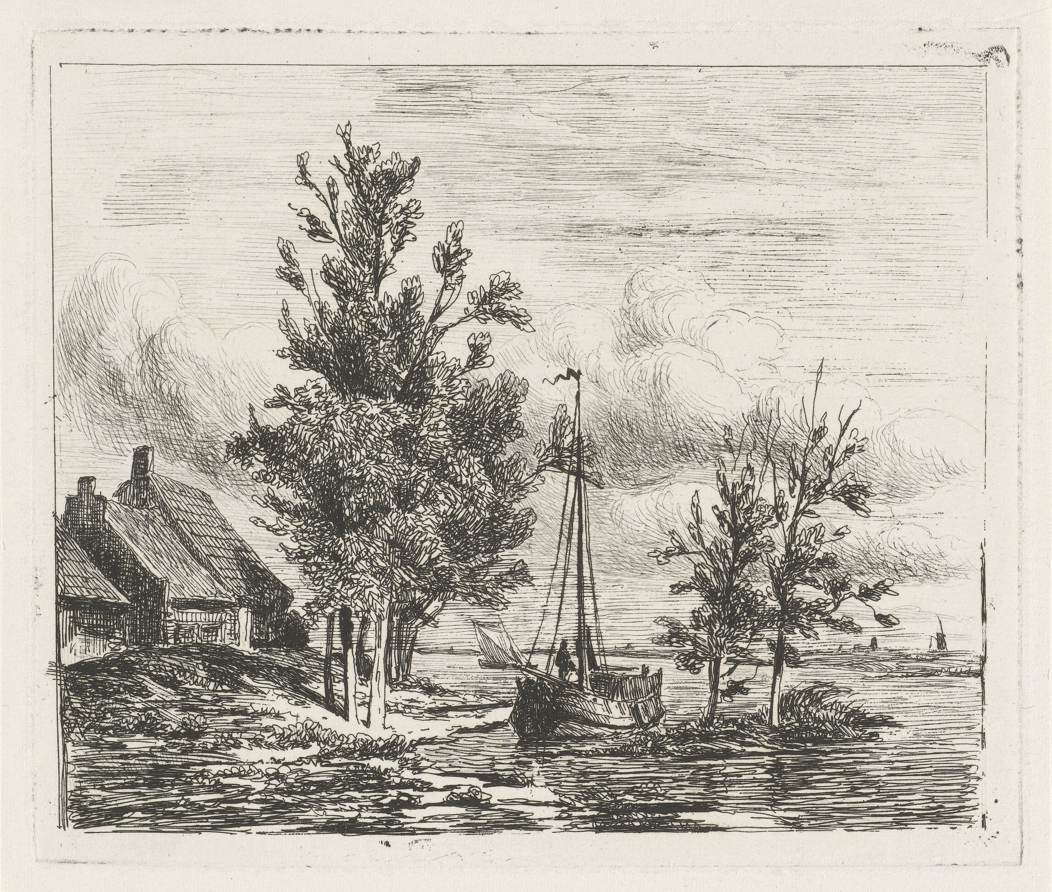 Rivierlandschap met zeilschip en boerderij