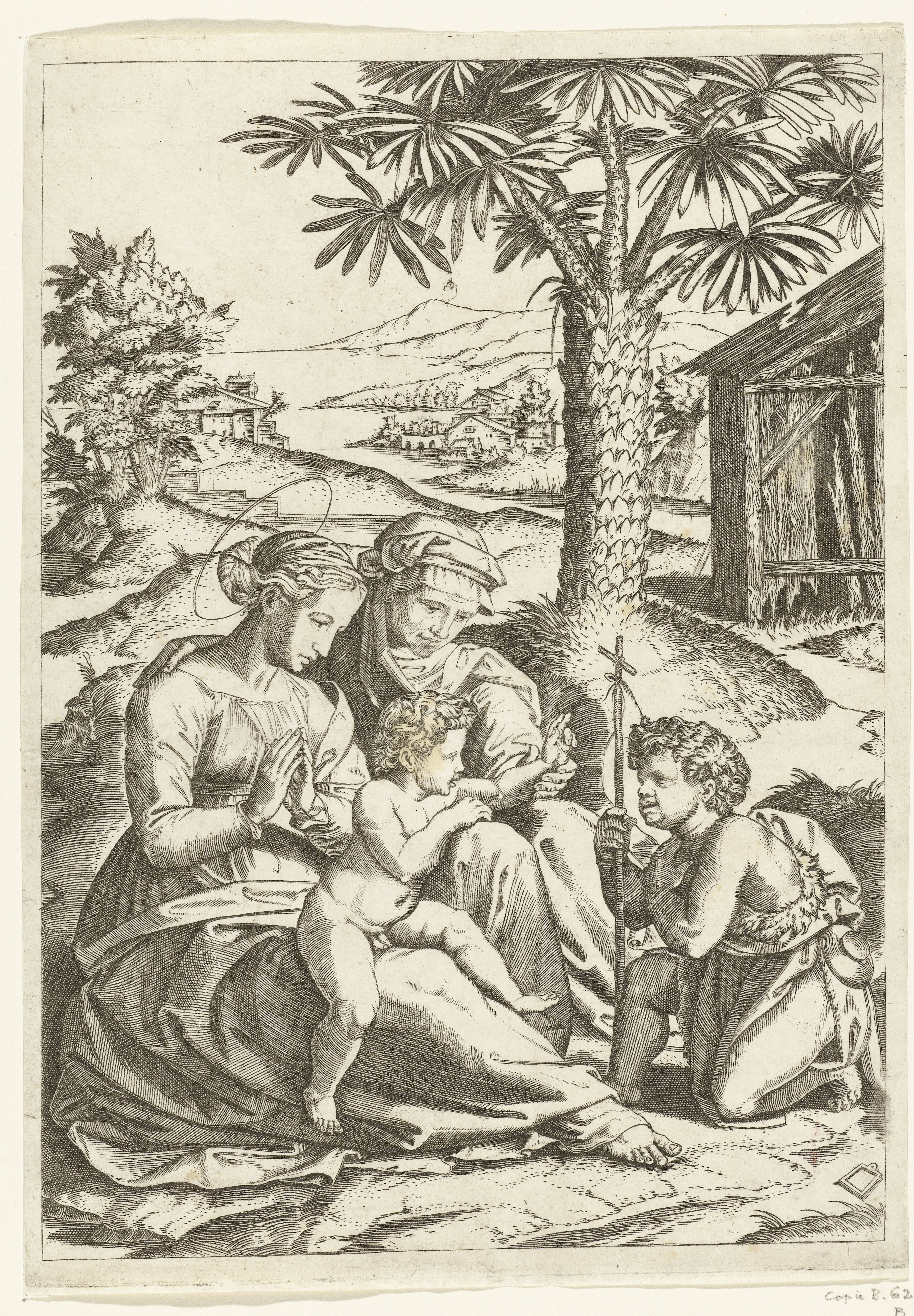 Maria met kind en heilige Elisabet met Johannes de Doper bij palmboom