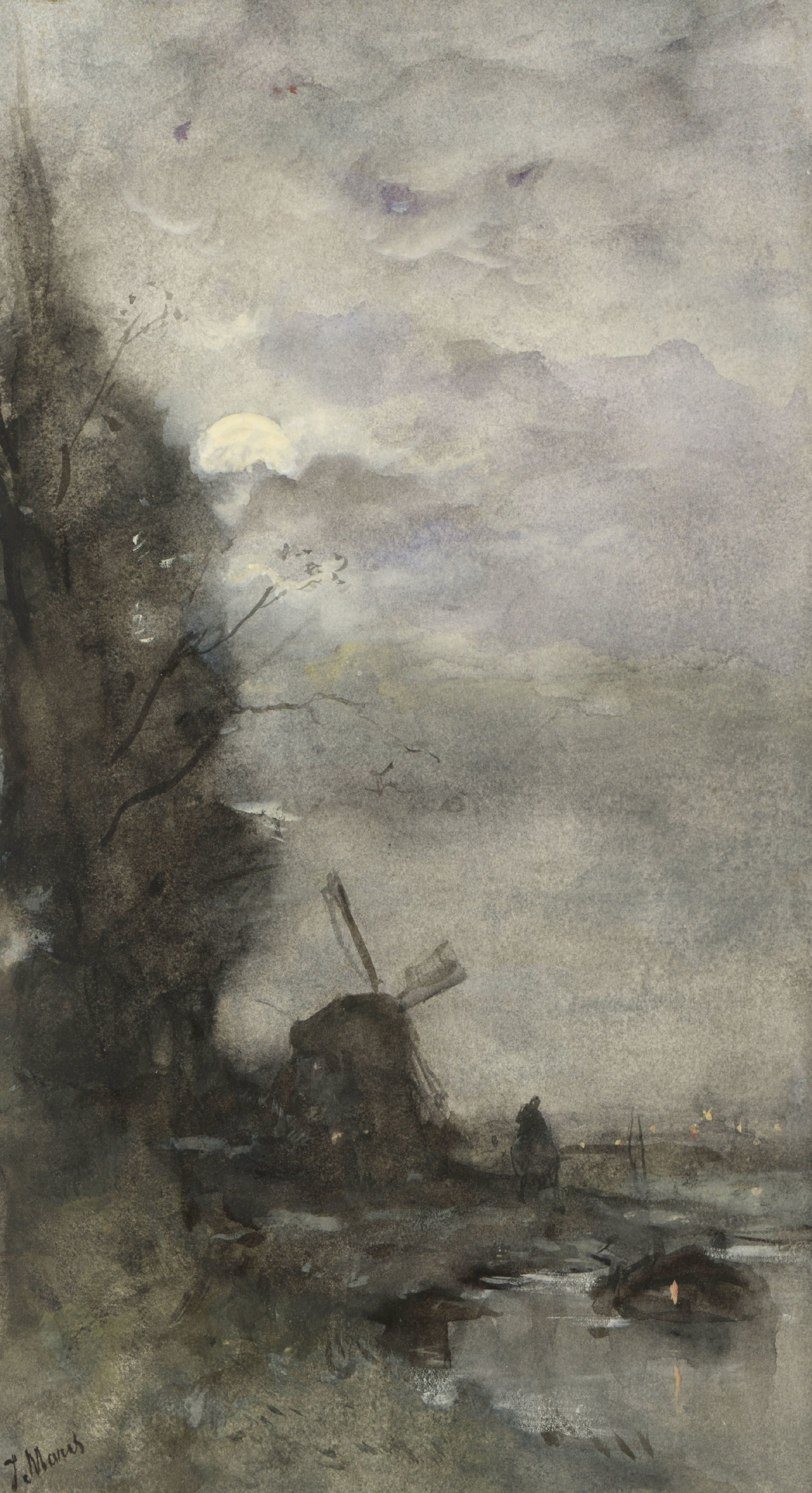 Landschap met molen bij maanlicht