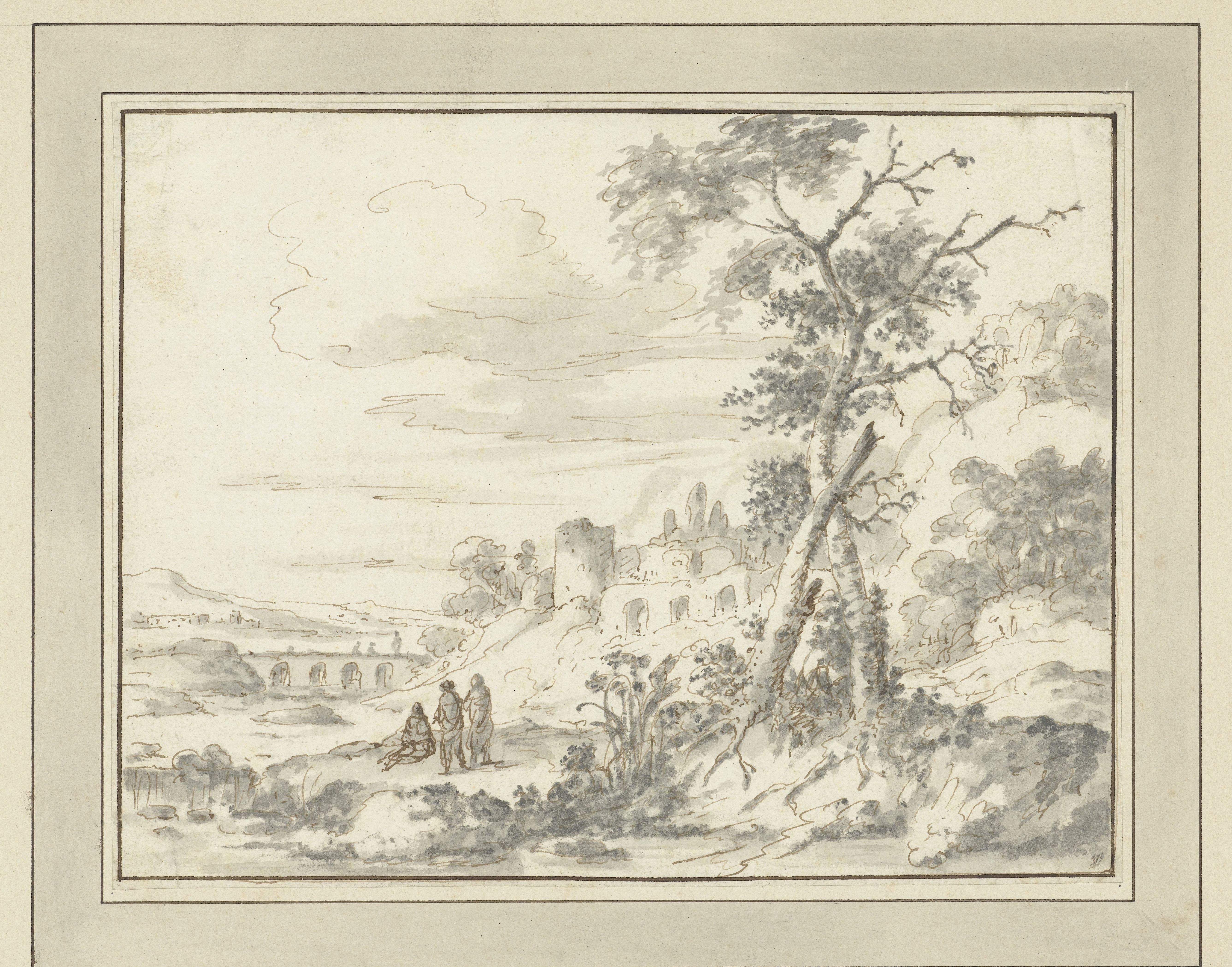 Bergachtig landschap met ruïnes