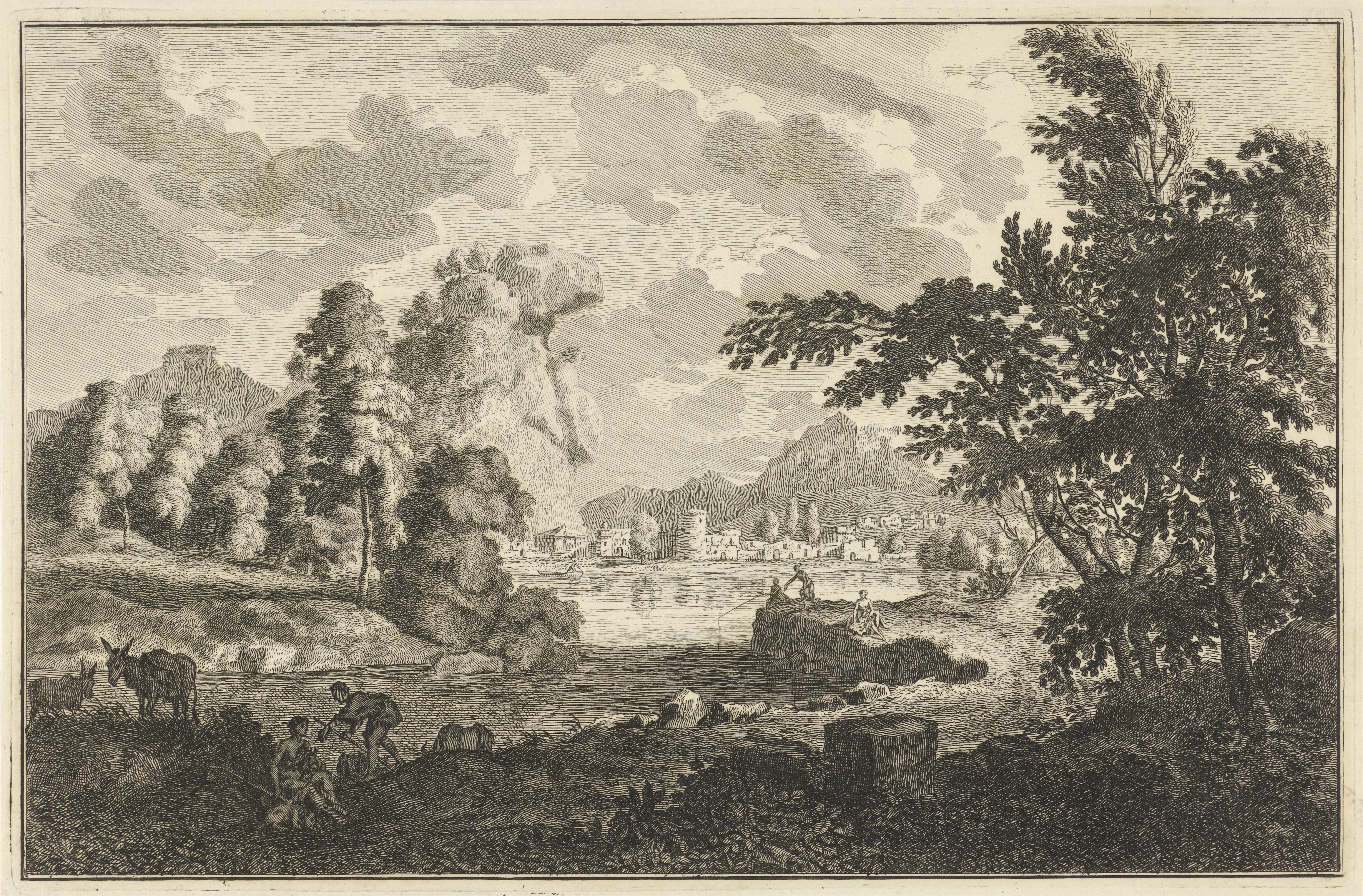 Arcadisch rivierlandschap met vissers, herders en ezels