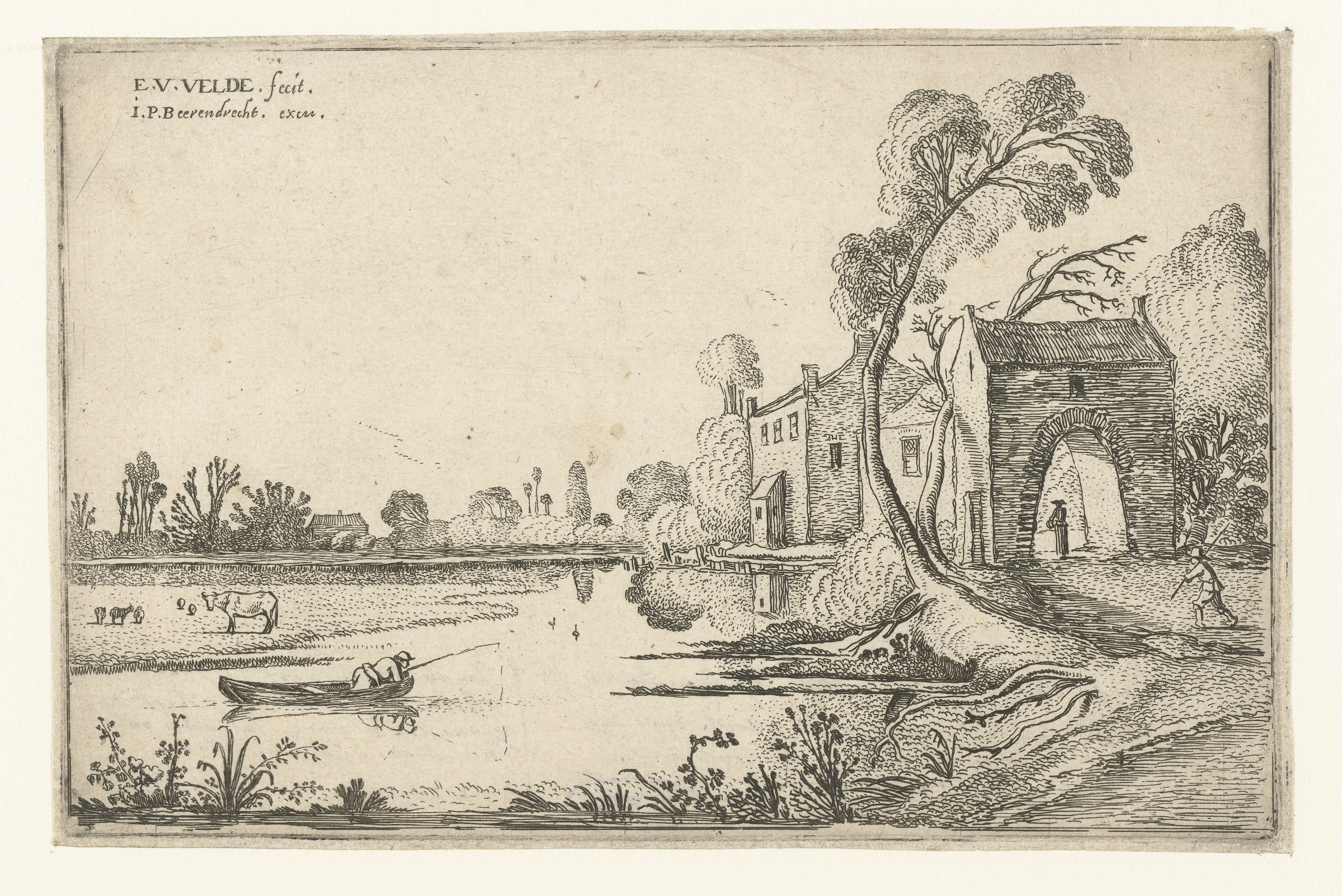 Landschap met rivier en poortgebouw