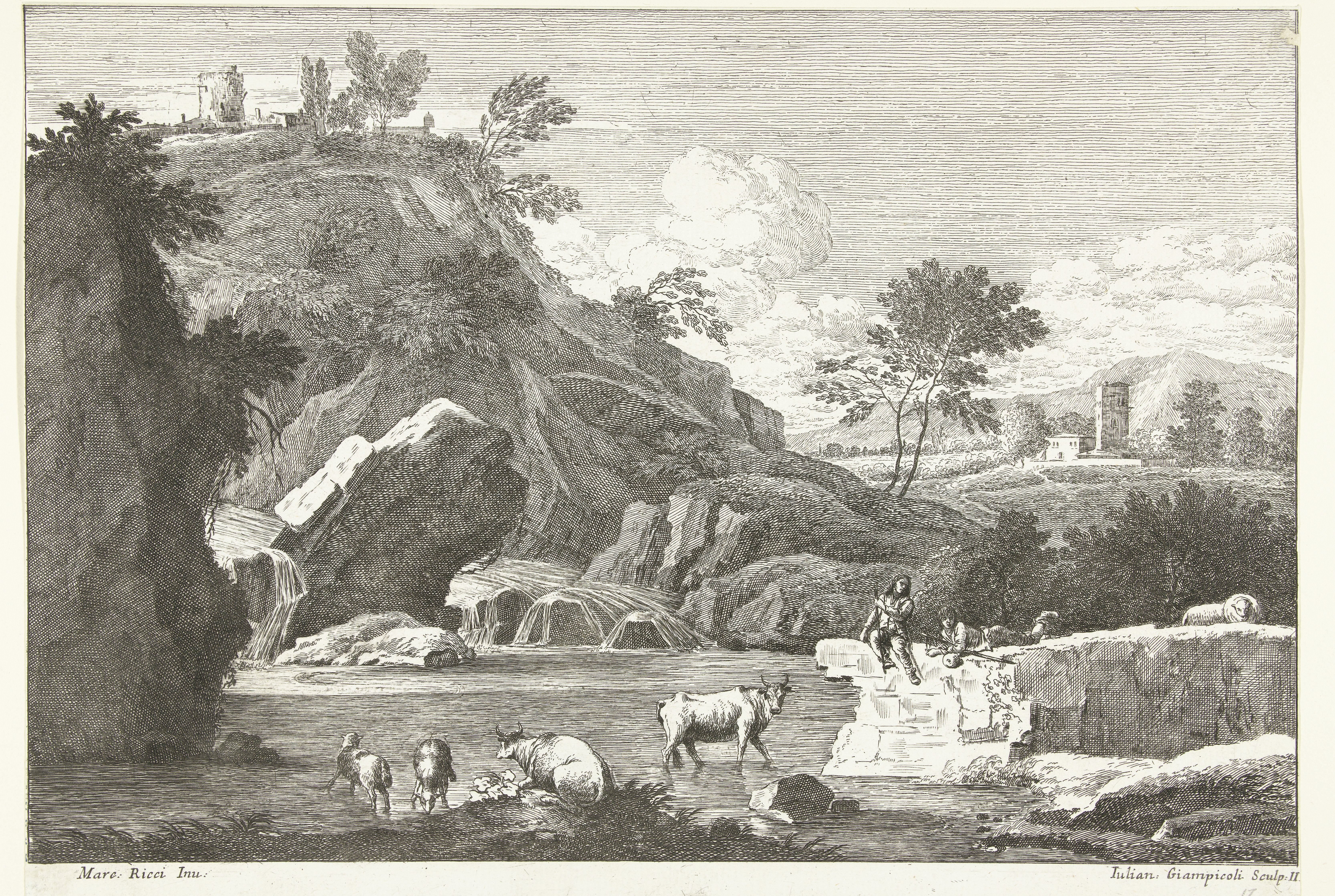 Landschap met twee herders en vee bij water