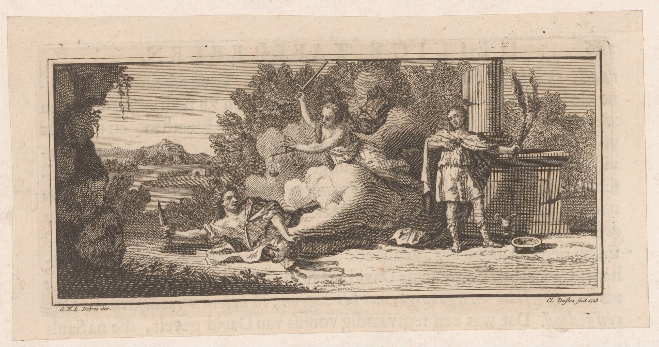 Allegorische scène met Justitia, moordenaar en man met twee brandende toortsen