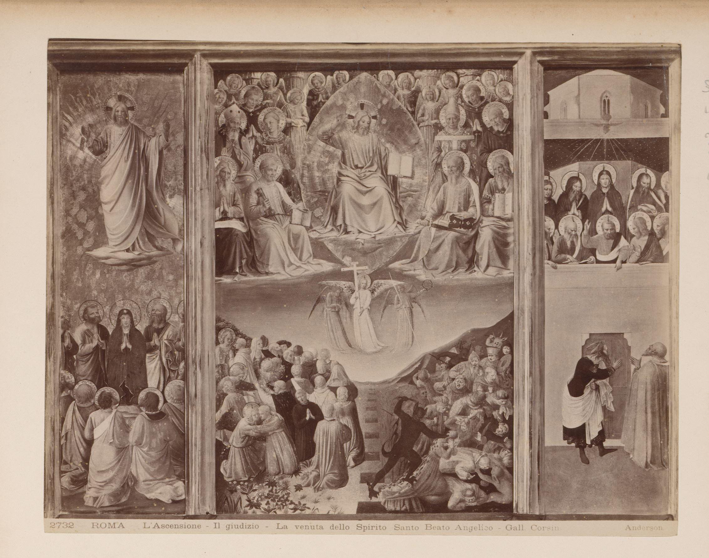 Fotoreproductie van de triptiek Hemelvaart, Het oordeel, Verschijning van de Heilige Geest naar Fra Angelico in de Galleria Corsini te Rome, Italië