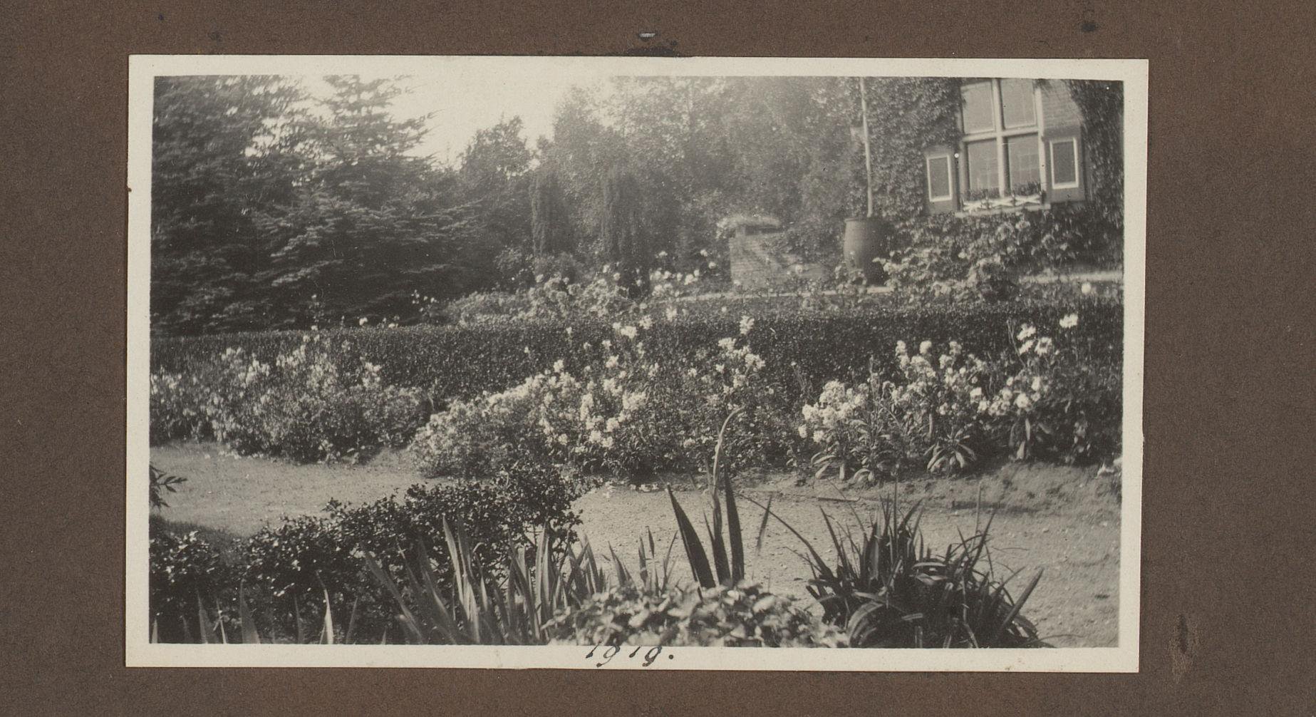 Struiken met bloemen in de tuin van landhuis De Bijlakker, Laren
