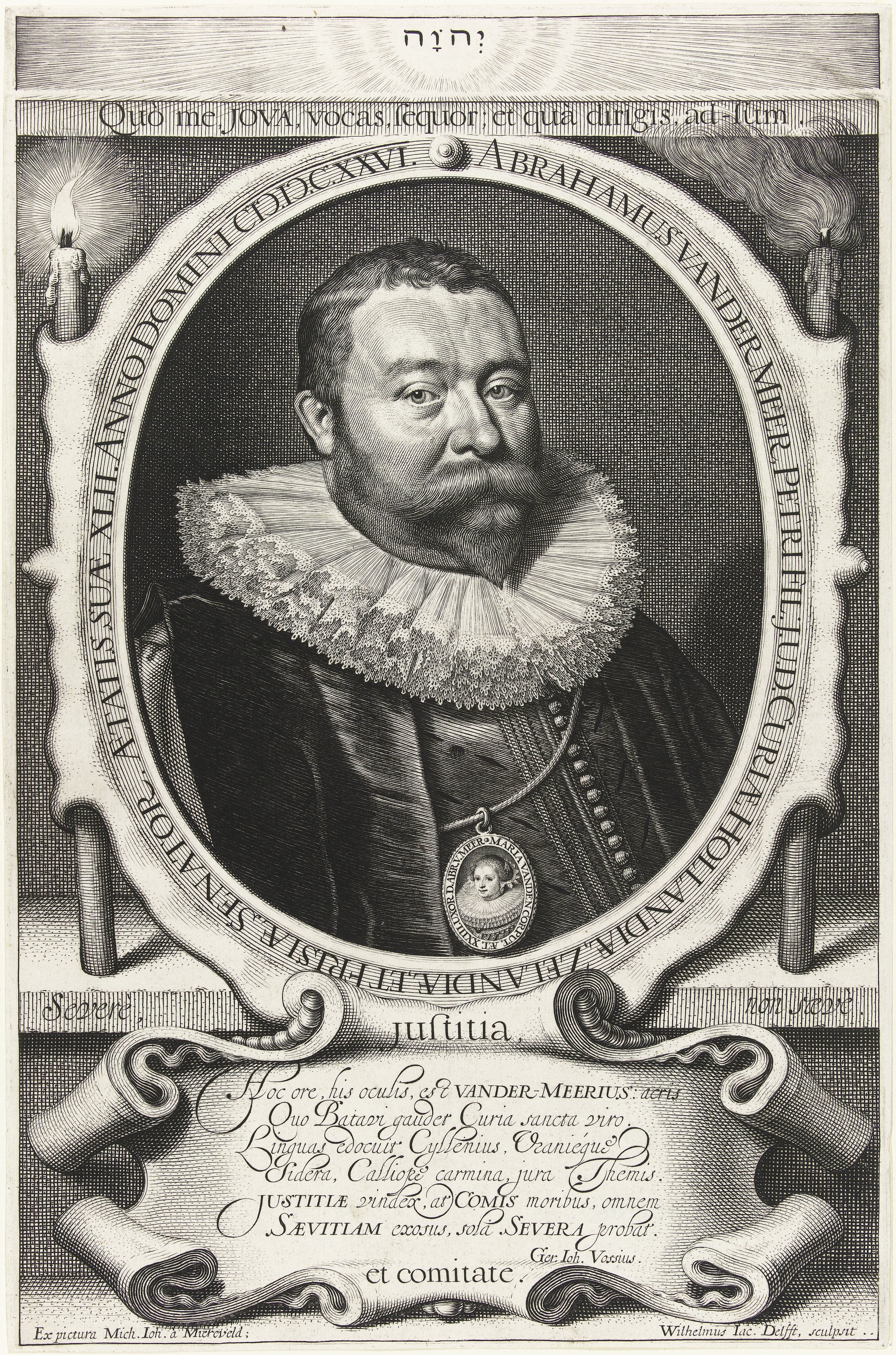 Portret van Abraham van der Meer op 42-jarige leeftijd met portret miniatuur van zijn vrouw Maria van den Corput op 23-jarige leeftijd