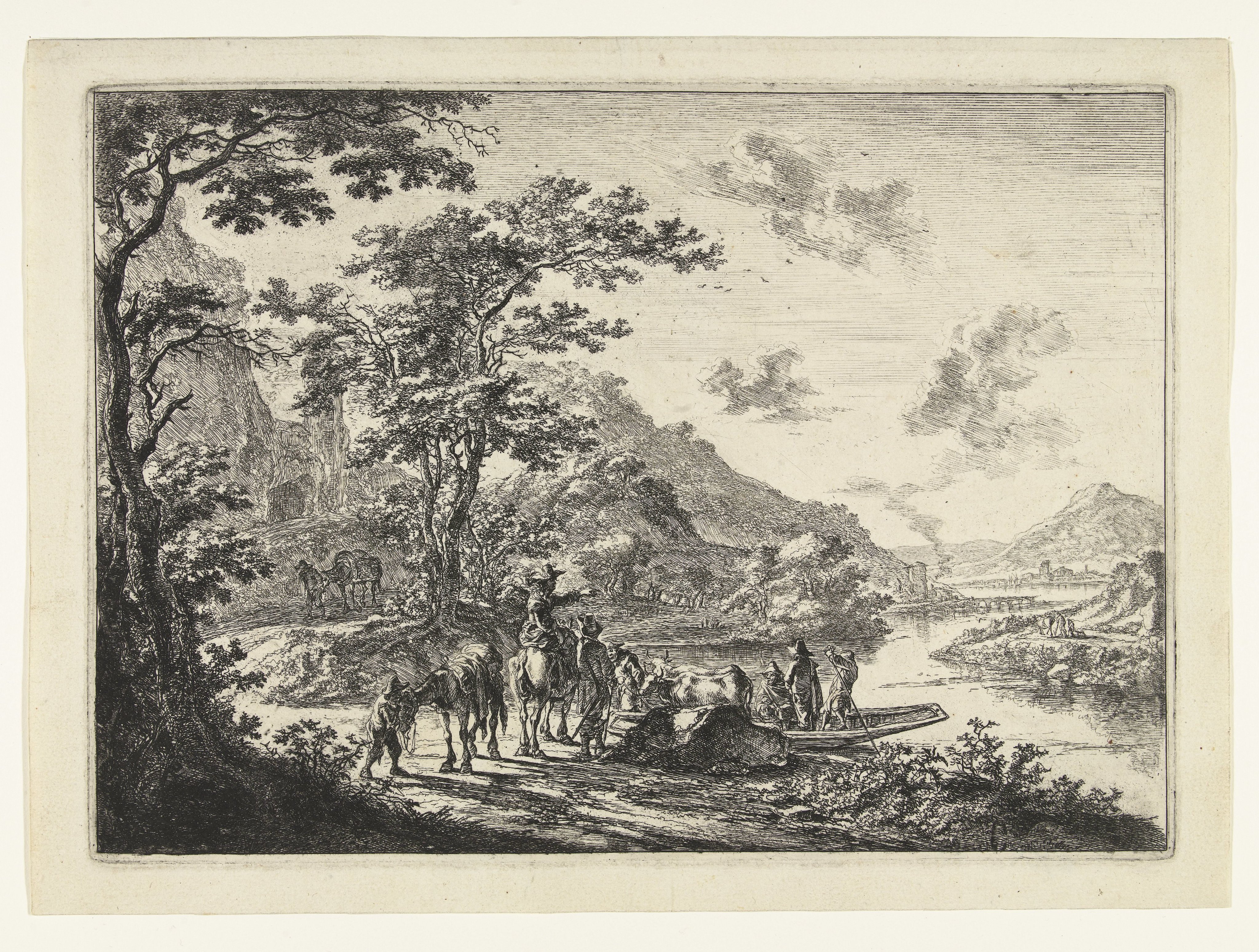 Landschap met veerpont en wachtende reizigers aan oever van de Tiber