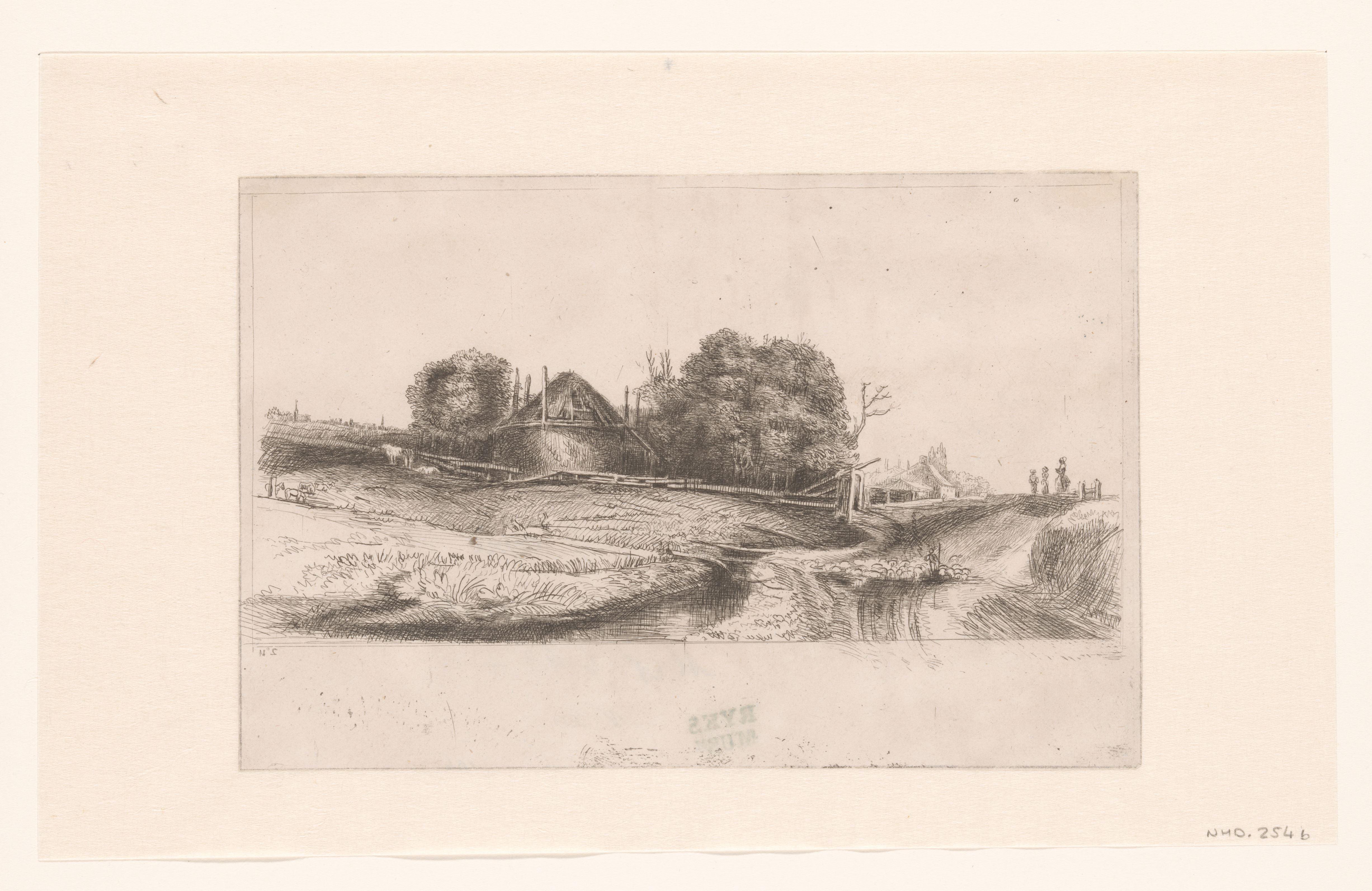 Cottages and a hay barn on the Diemerdijk with a flock of sheep