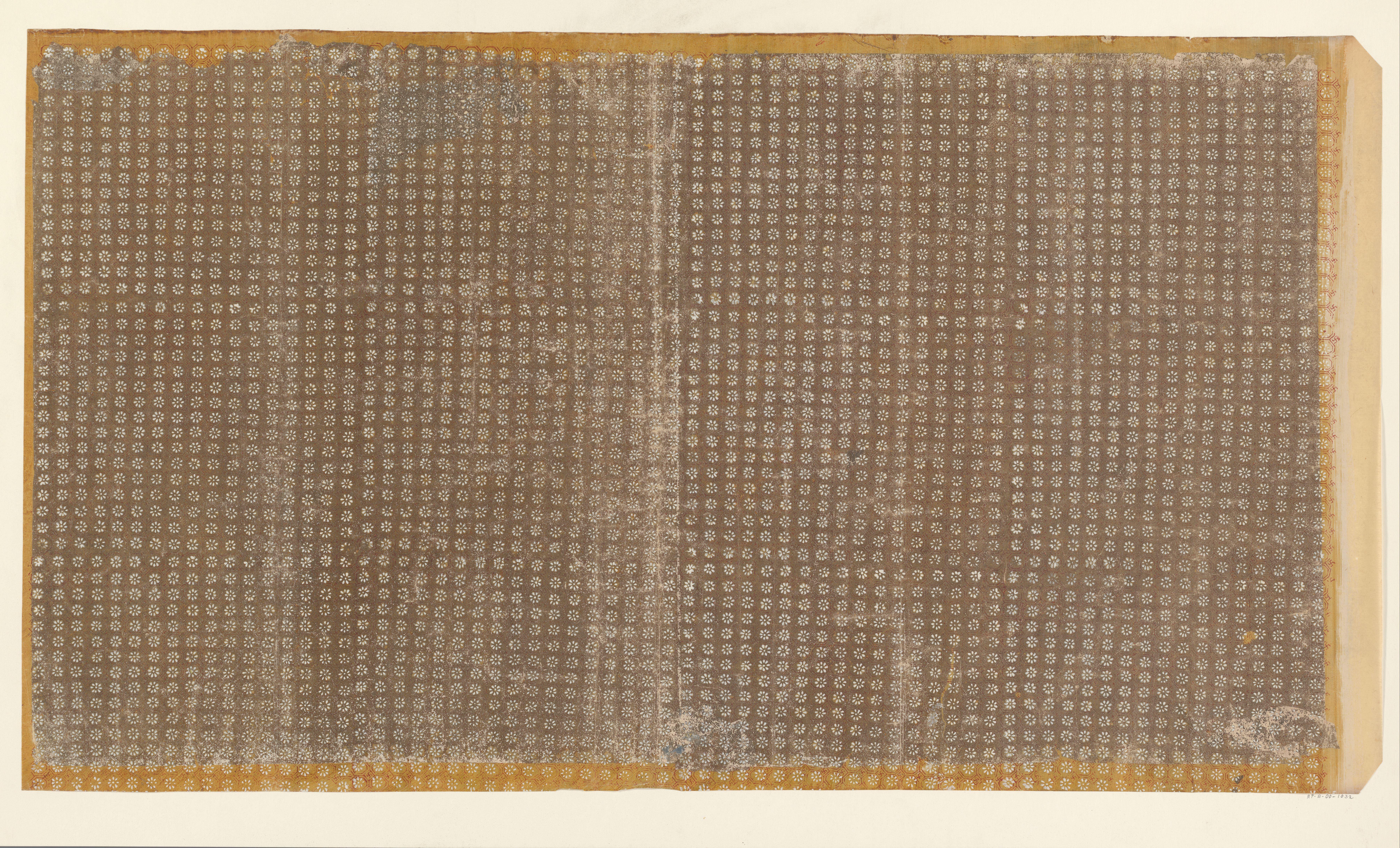 Blad met rasterpatroon van zeshoeken met bloemmotief en swastika (één van zes identieke bladen)