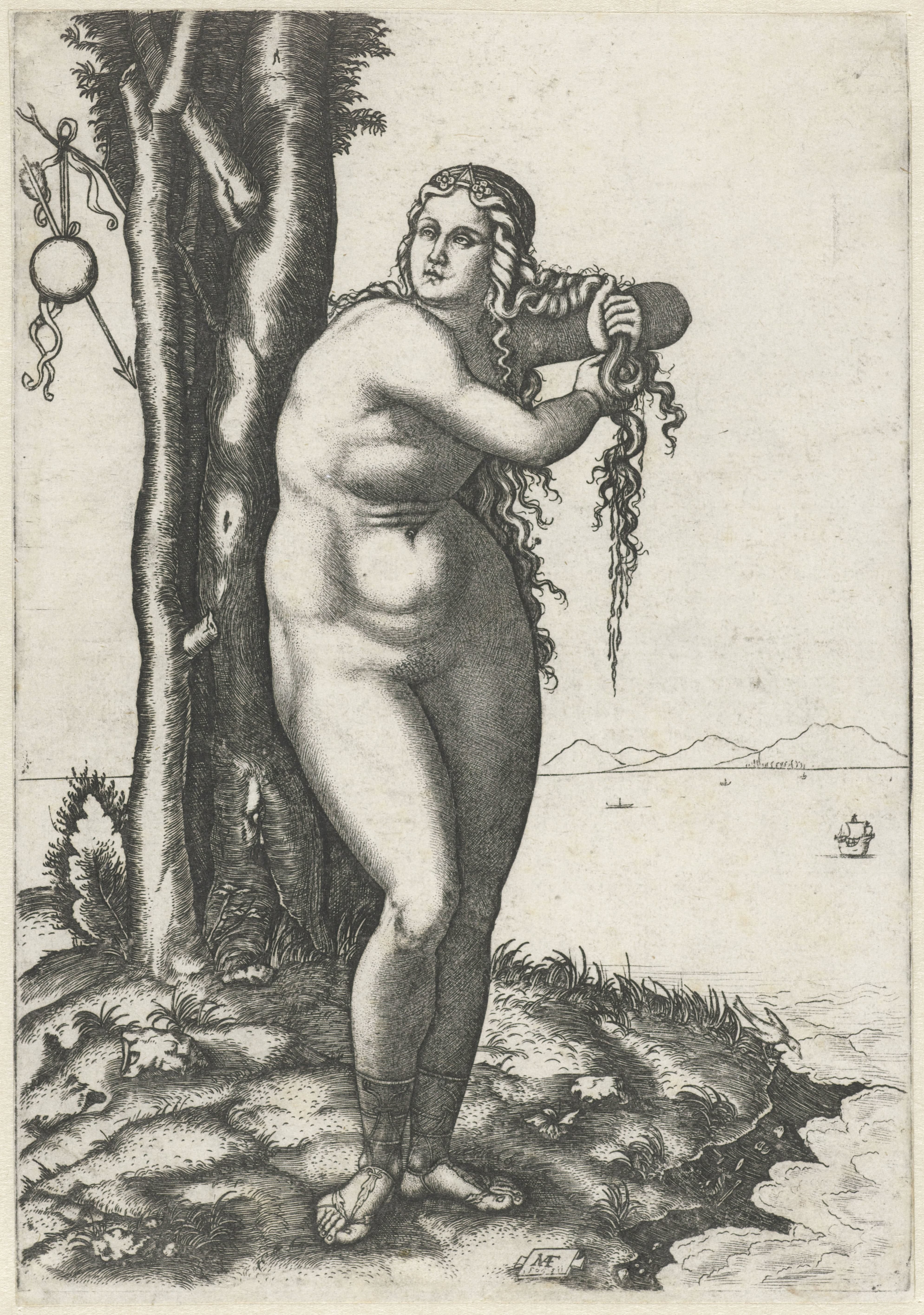 Venus staat op waterkant en wringt water uit haar haar